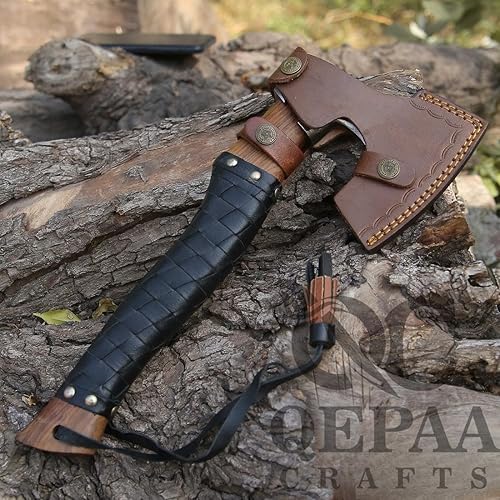 Vista 87 de Hacha vikinga – Hacha de hacha de acero al carbono de alta calidad con funda de cuero, mango de palisandro de 19 pulgadas, hacha pequeña para HACA