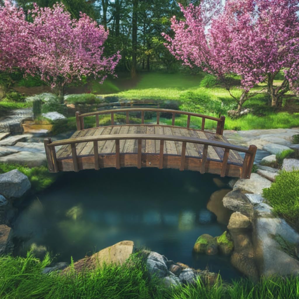 SamsGazebos Japanese Garden Bridge, 8 ft x 4 ft Wide, Brown, 2x6 Tongue and Groove Flooring, 400 lb. Load Capacity