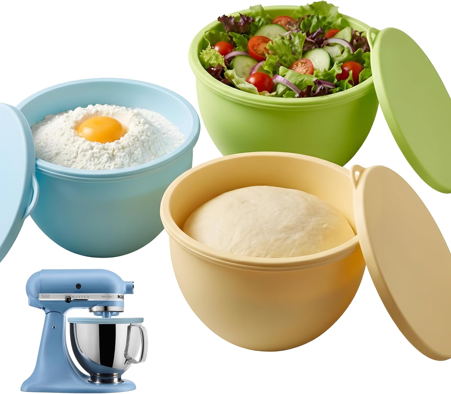 Silicone Bowl Liners for 5 Qt KitchenAid Mixers, Sets of 3 Liners & Lids for Tilt-Head Stand Mixer, Mixing Bowl Insert