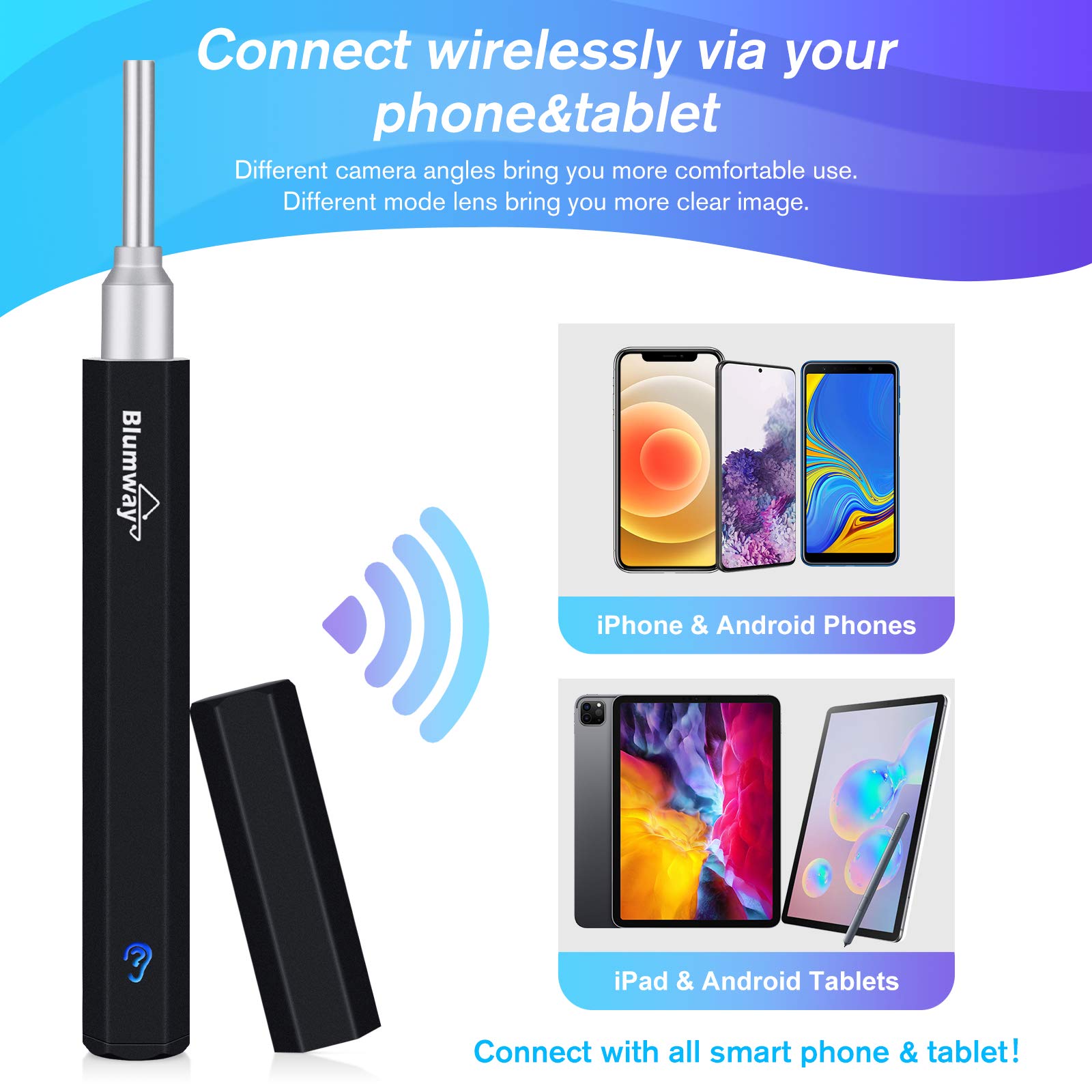 BlumWay WiFi otoscopio de oído 3.5 mm 1080P HD endoscopio de oído limpiador de oído cámara con 6 luces LED, limpiador de oídos removedor de cera para bebés, niños, adultos con iOS, Android (negro)
