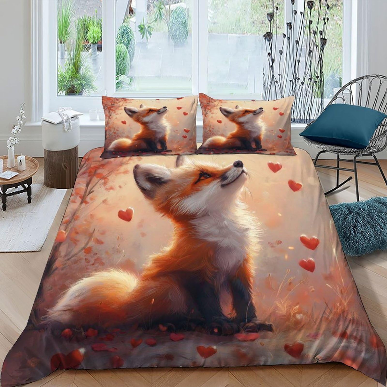 Fox Hearts Bedding Set Theme Bedspread Animal Themes Wildlife Duvet Cover Set Chic Breathable Quilt Cover Universal for All Seasons Pillowcase King（220x240cm）