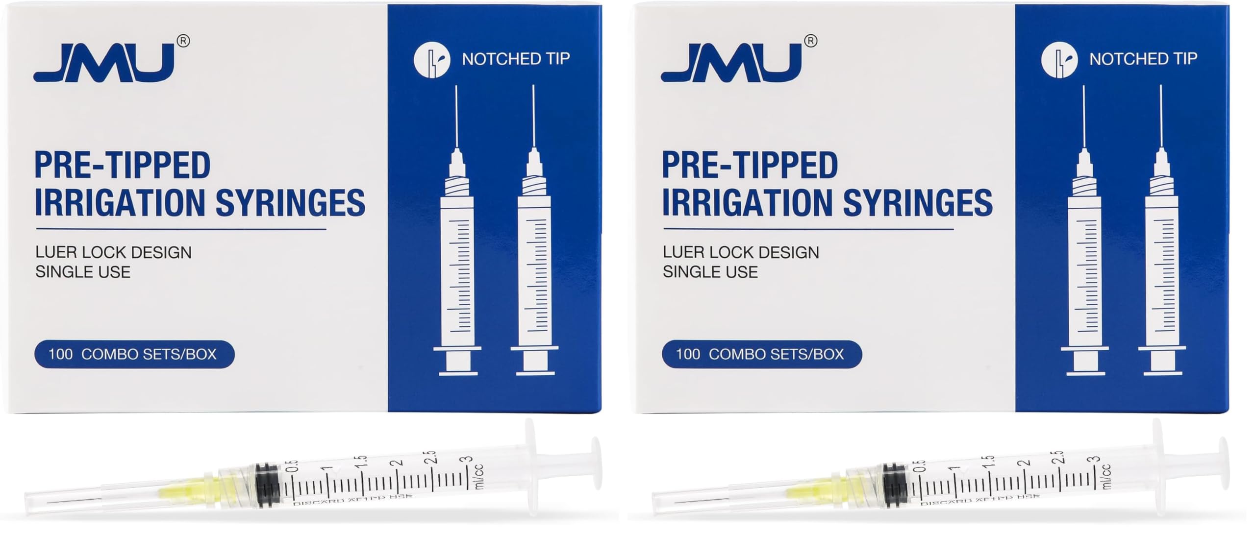 JMU 100pcs Dental Irrigation Syringes 3cc with 27G Blunt Dispensing Endodontic Irrigarion Needles, Luer Lock Design (Pack of 2)