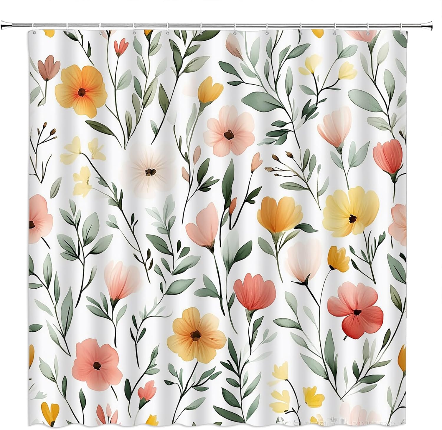 GCTNBJL Watercolor Flower Shower Curtain Rustic Farmhouse Plant Yellow Pink Floral Green Leaf Vintage Country 70x96(WxH) Inches Bathroom Decor Fabric Curtain with Hooks