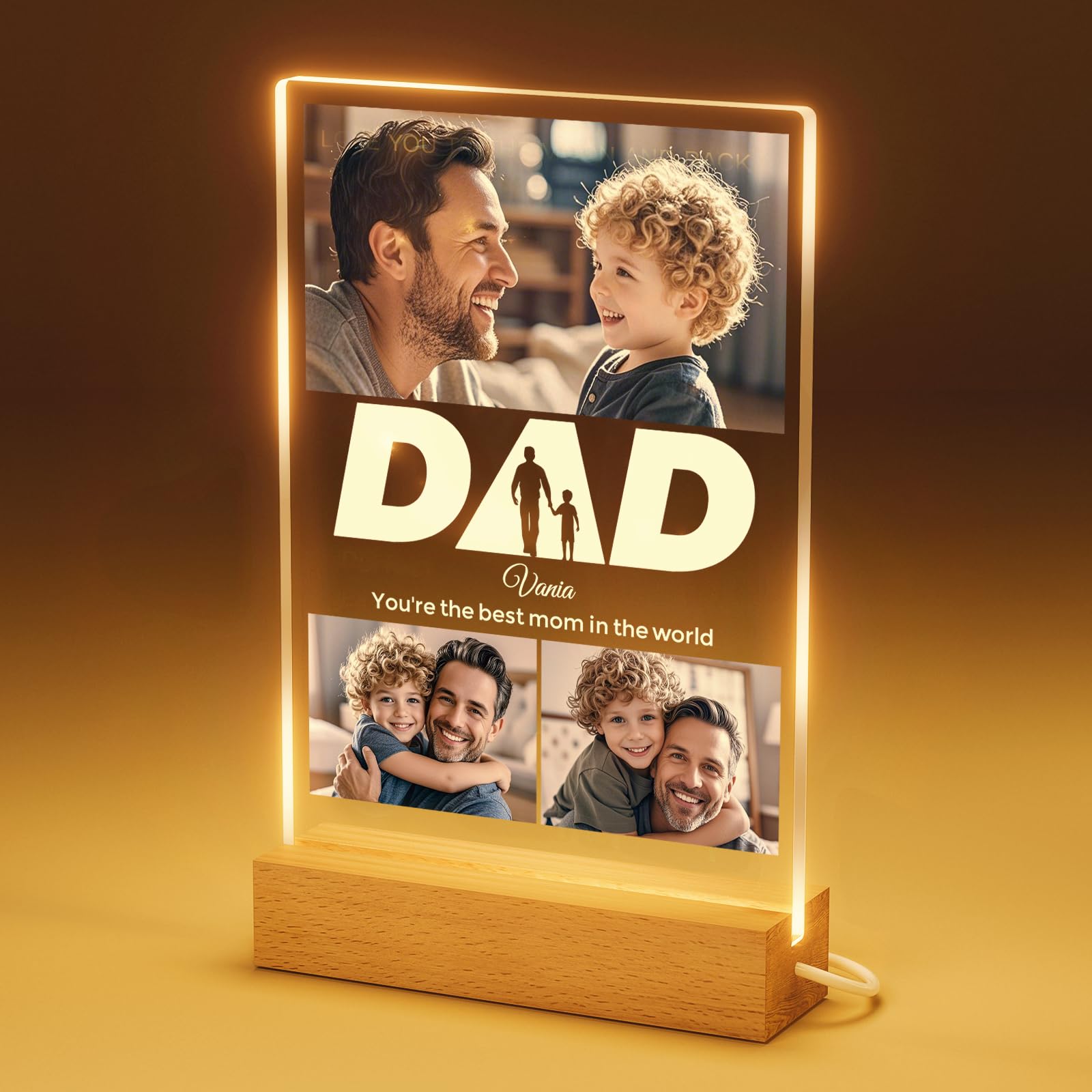 Bemaystar Personalised Fathers Day Gift for Dad - Personalised Birthday Gifts for Father, Customised Photo Gifts with Night Light for Dad Mum Friend, Bedroom Decor for Desk Tabletop Shelf, 3 Photos