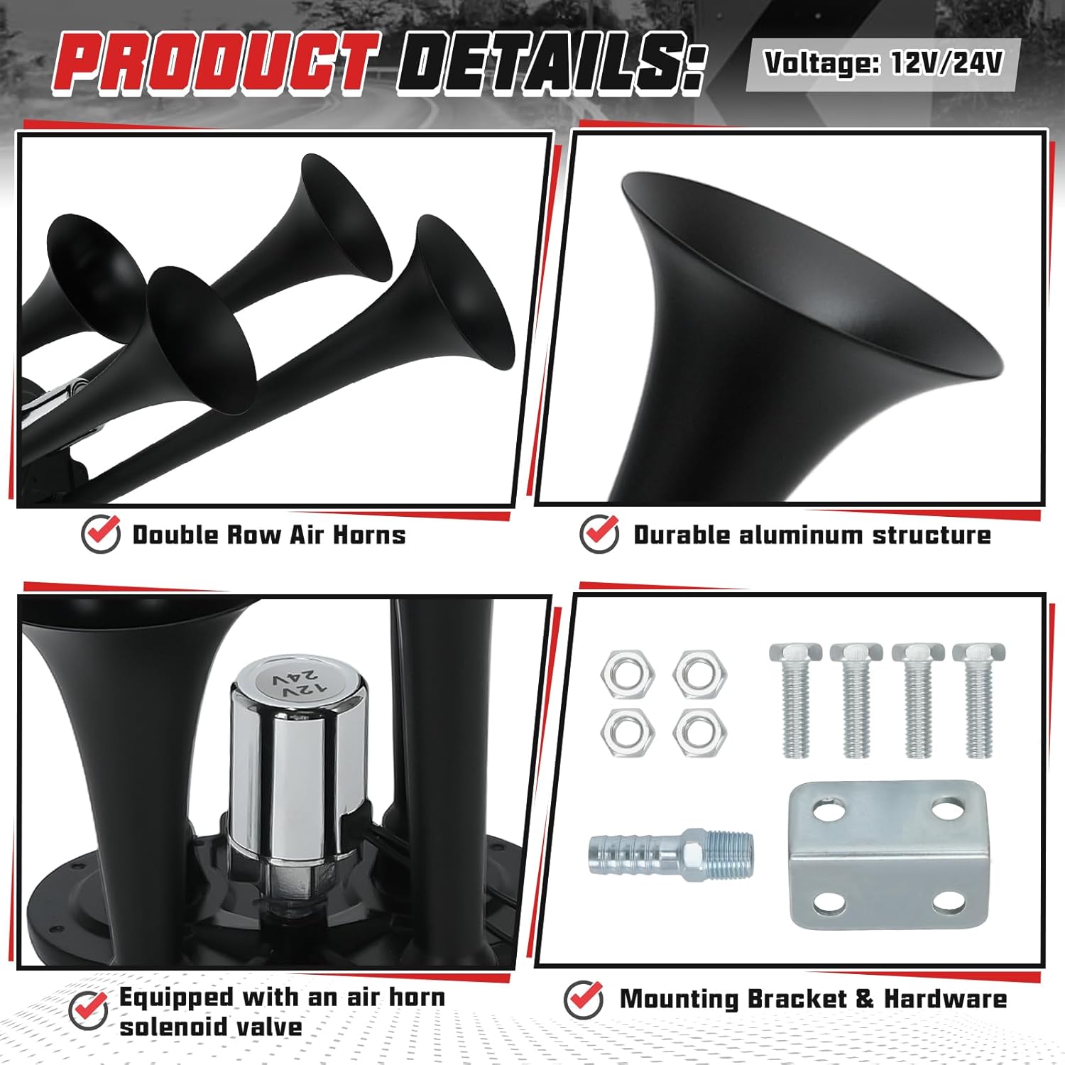 PTNHZ Double Row 4 Trumpet Air Horns Kit w/Electric Solenoid & Mounting Hardware 12V/24V Super Loud 178dB Universal for Pickup Car Jeep SUV Train Boat(Black)