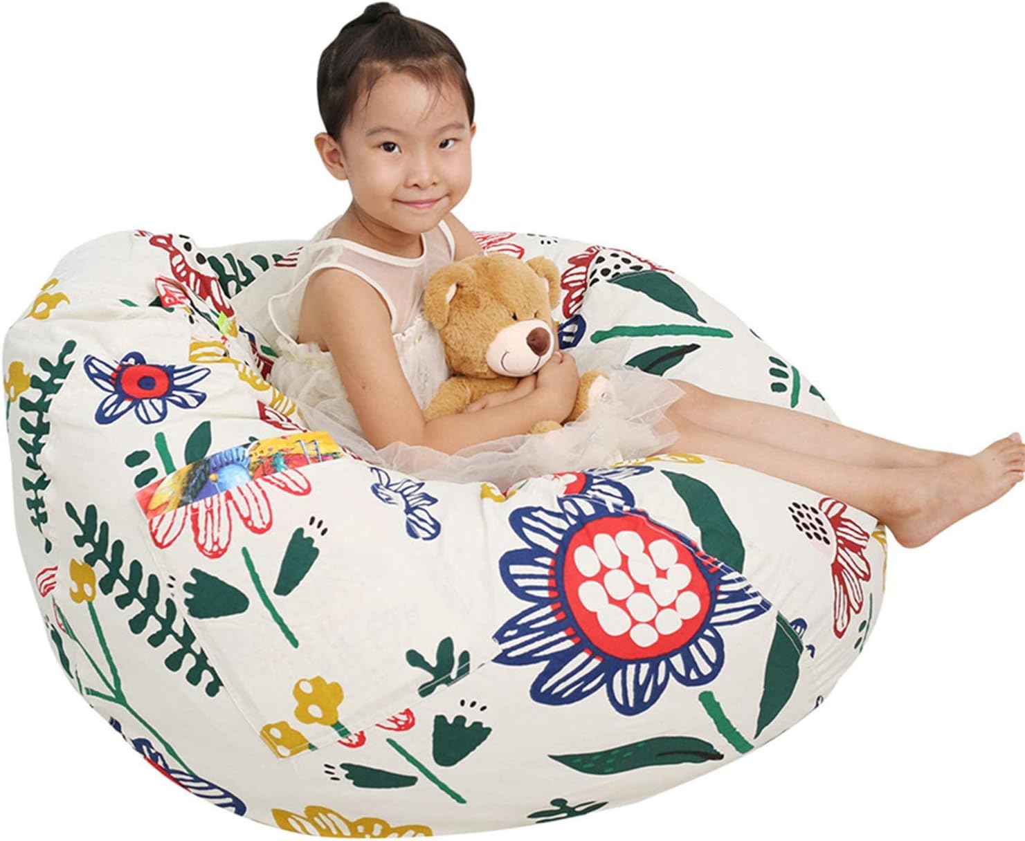 Great Eagle 52x48 Inches Extra Large 100% Cotton Canvas Kids Stuffed Animals Storage Bean Bag Chair Cover Only for Toddlers,Kids,Teens and Adults(White/Sun Flower)