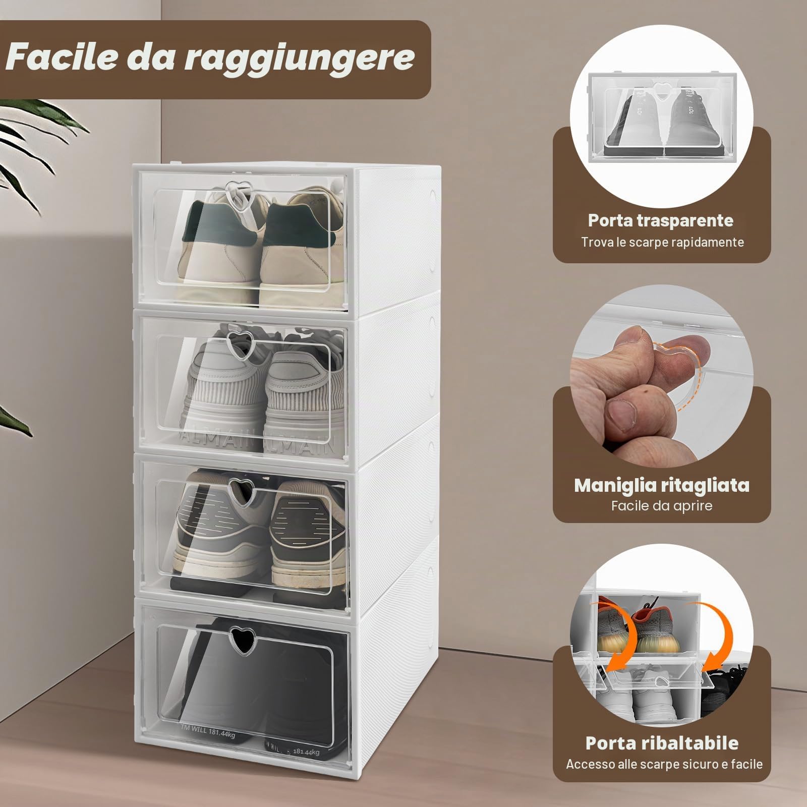 20 scatole per scarpe, in plastica trasparente, pieghevoli, impilabili, organizer per scarpe, contenitori per armadio, camera da letto, piccoli spazi (bianco)