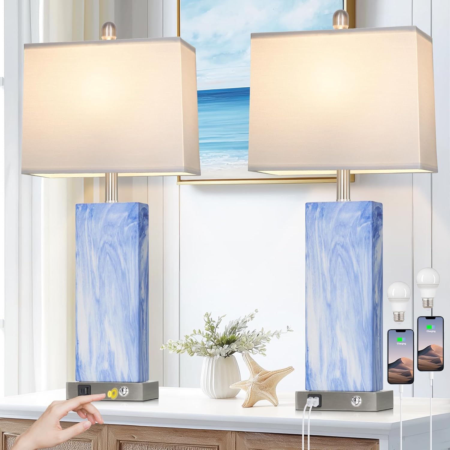 28.5" Coastal Blue Ceramic Table Lamps Set of 2, 3-Way Touch Control Bedroom Lamp with USB C+A Ports, Tall Square Lamps for Living Room, Elegant Bedside Lamps for Nightstand Side End Table