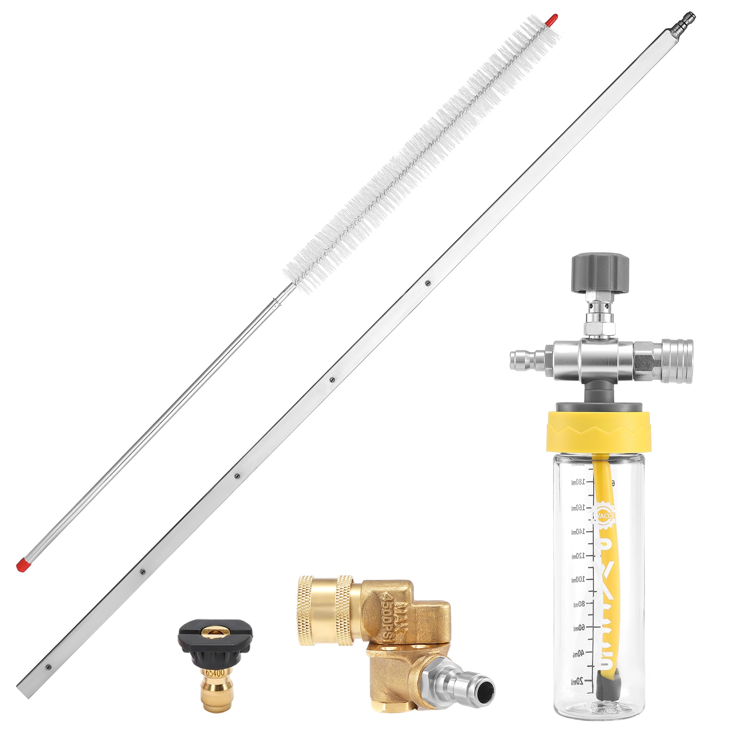 PWACCS Varita de limpieza de radiador con inyector químico descendente para lavadora a presión, kit de fijación de lavadora eléctrica de 40 pulgadas con acoplador giratorio, boquilla y cepillo para