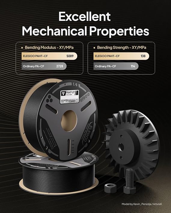 ELEGOO Carbon Fiber PAHT Filament 1.75mm Black 1KG, Nylon CF High Temp 3D Printing Filament, High Strength & Rigidity, Corrosion Resistance, 1KG(2.2lbs) Spool for Enclosed FDM 3D Printers