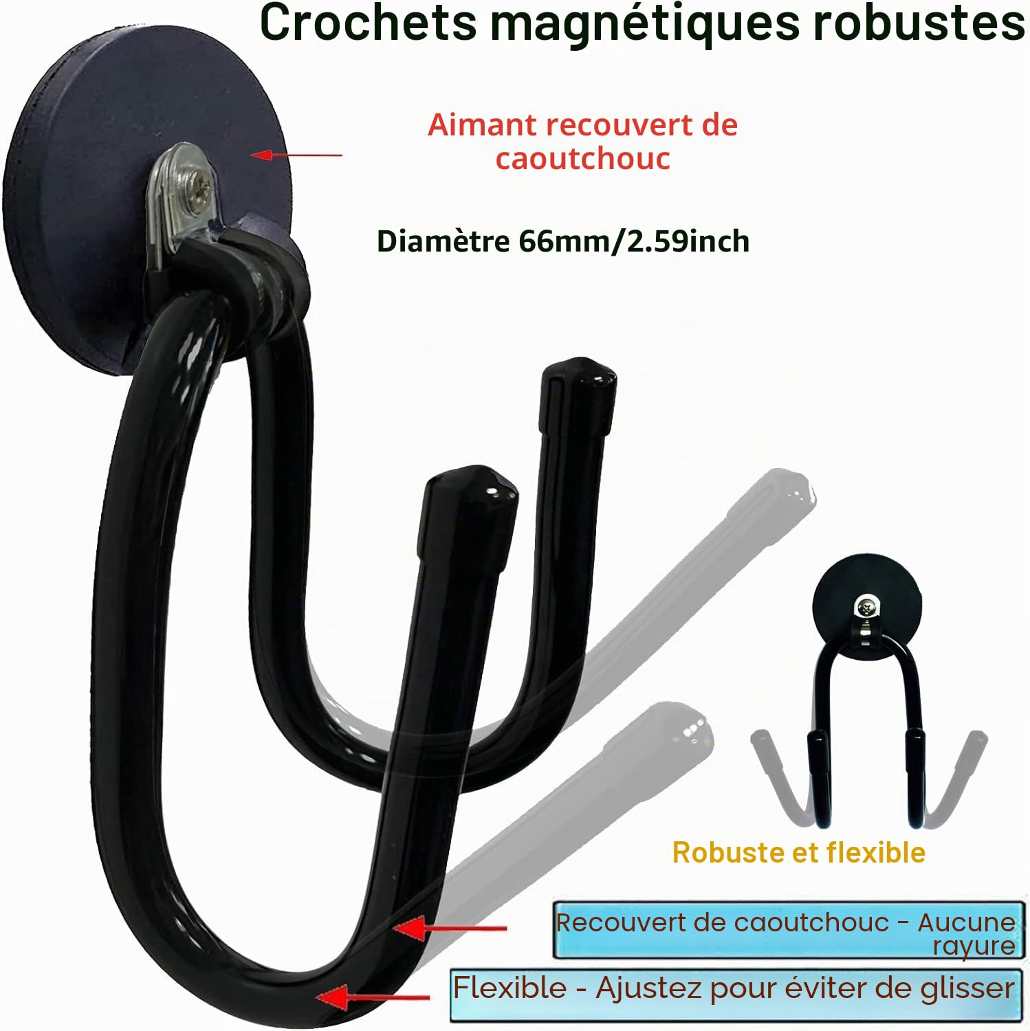 Lot de 2 crochets magnétiques de garage très résistants, crochets de rangement magnétiques utilitaires, cintre de garage et organisateur pour organiser les outils électriques, râteau, cordes, filet