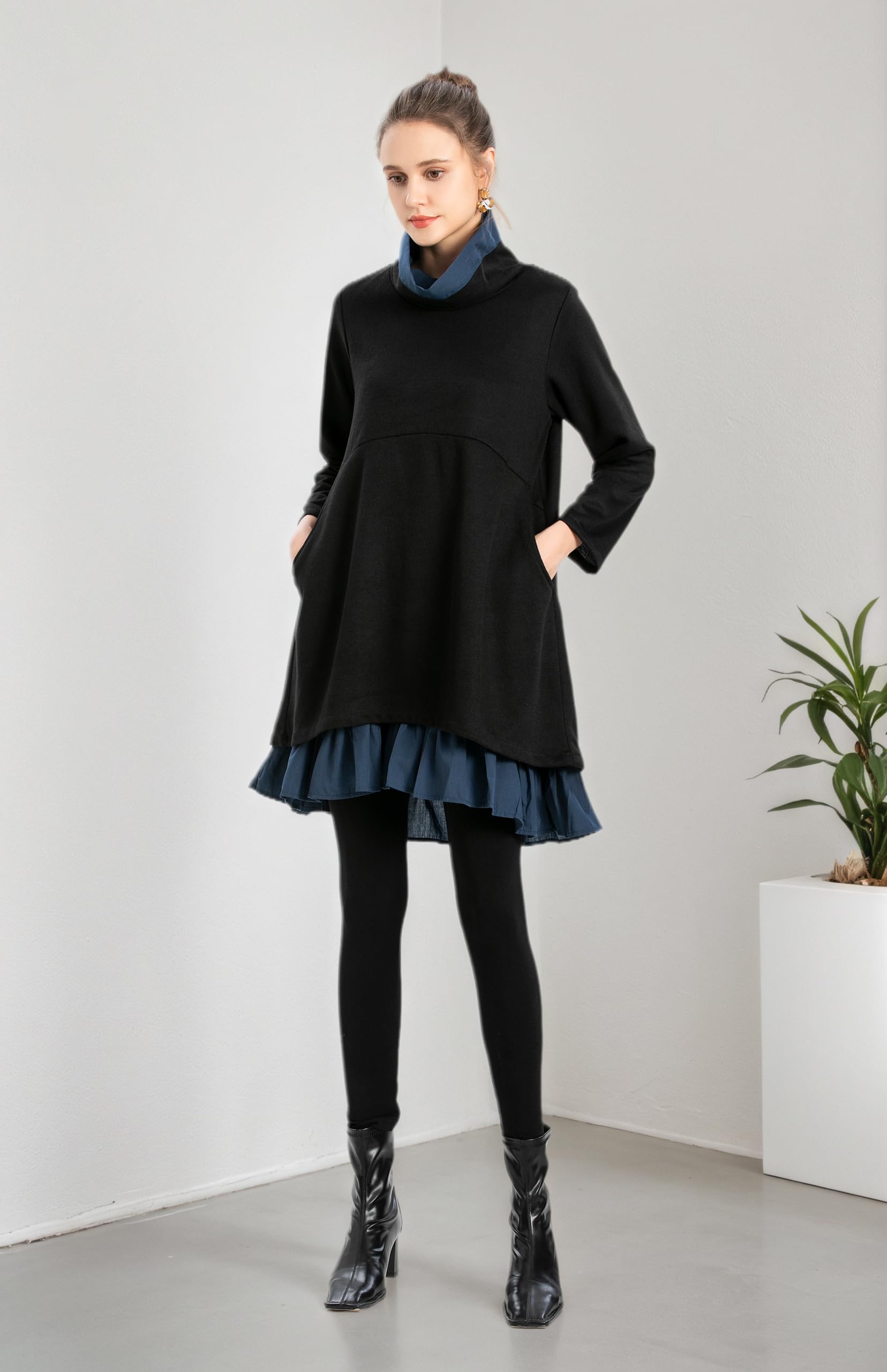 Minibee Damska bluza oversize, sukienka z golfem, z długim rękawem, tunika, topy, sukienki swingowe z kieszeniami