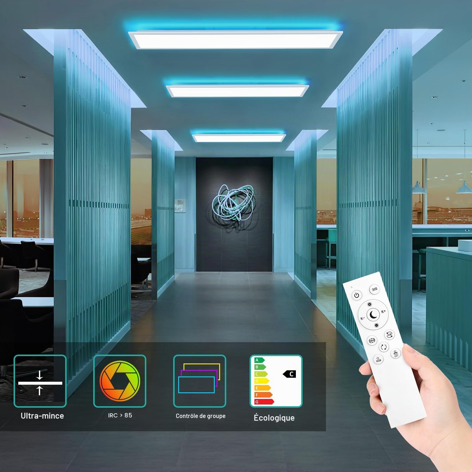 Oraymin Panneau LED Plafonnier Dimmable 120x30 cm avec rétroéclairage RGB, 40W 4800LM, Plafonnier avec télécommande et fonction mémoire, lampe 3000K-6500K pour salon, chambre, cuisine et bureau