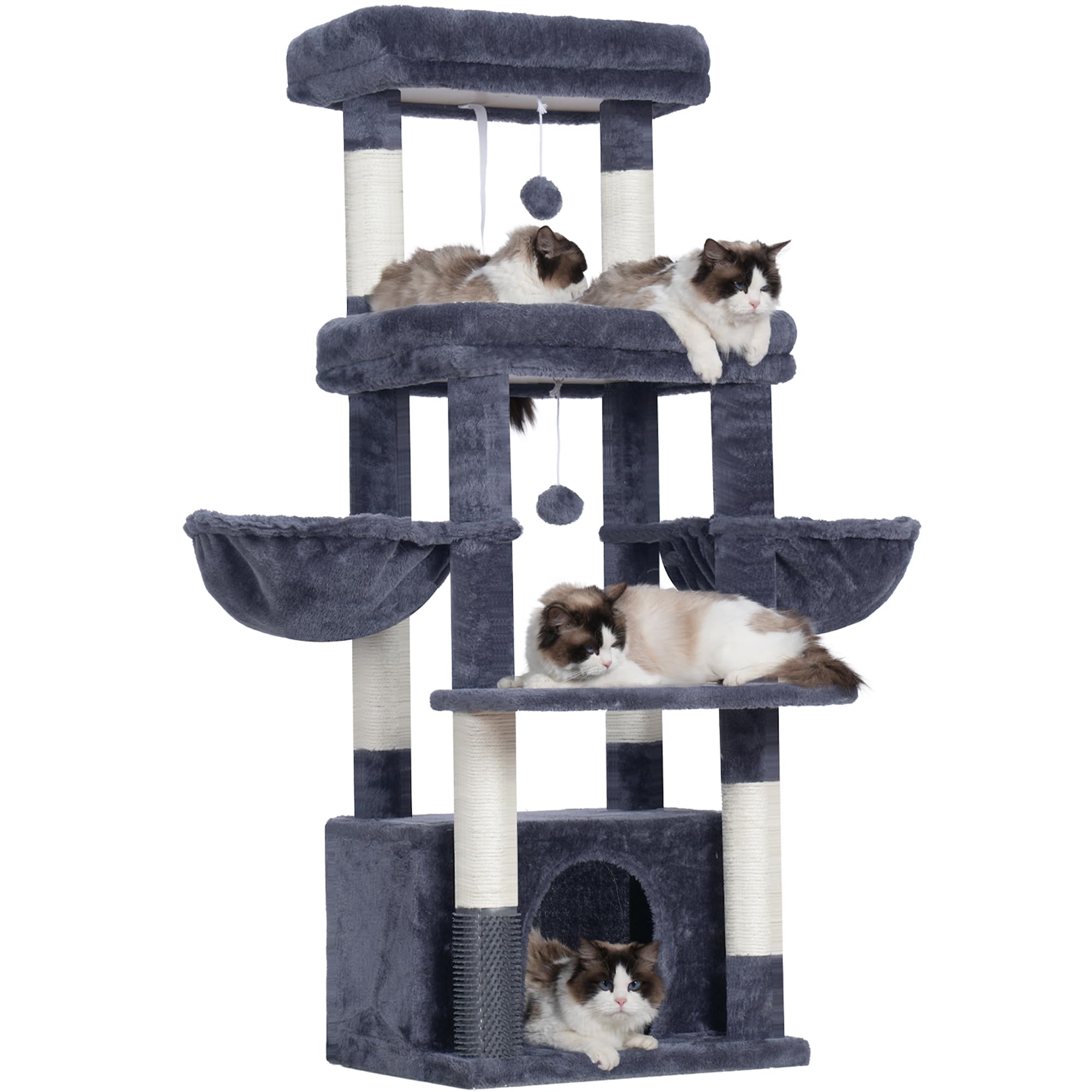 Hey-brother Albero per Gatti, Tiragraffi per Gatti per di taglia grande e Maine Coon, Con 2 ampie piattaforme, 2 ceste, nido spazioso e pettine per mantello, grigio fumo EMPJ070G