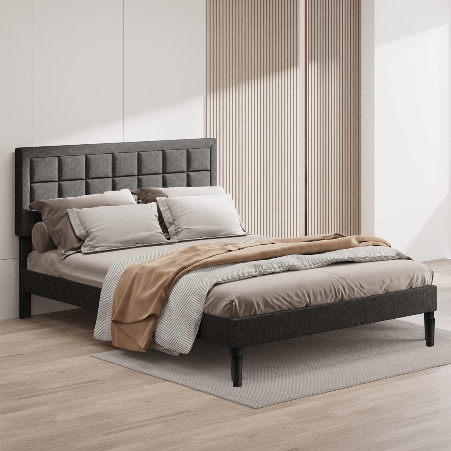 Nazhura King Size Bed Frame Upholstered Modern Low Profile Platform with Tufted Headboard/No Box Spring Needed/Linen Fabric Upholstery/Charcoal Grey (Charcoal Grey, King Size)