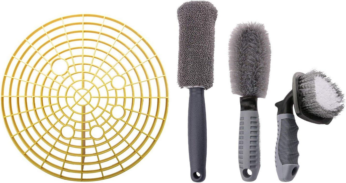 Nrpfell 1x 26cm Car Auto Wash Grit Guard Insert Washboard Water Bucket Filter Anti Scratch Tool Yellow & Car Wheel Cleaning Brush,2 Pcs Tire Rim Scrub Brush and 1 Pcs Fiber Wheel Rim Brush