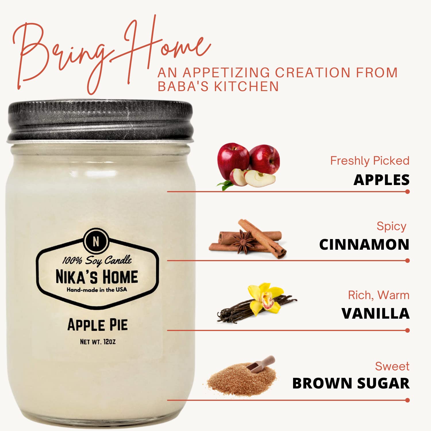 Nika's Home Apple Pie Soy Candle 12oz Mason Jar Non-Toxic White Soy Handmade, Long Burning 50-60 Hours Highly Scented All Natural, Clean Burning Large Candle Gift Décor