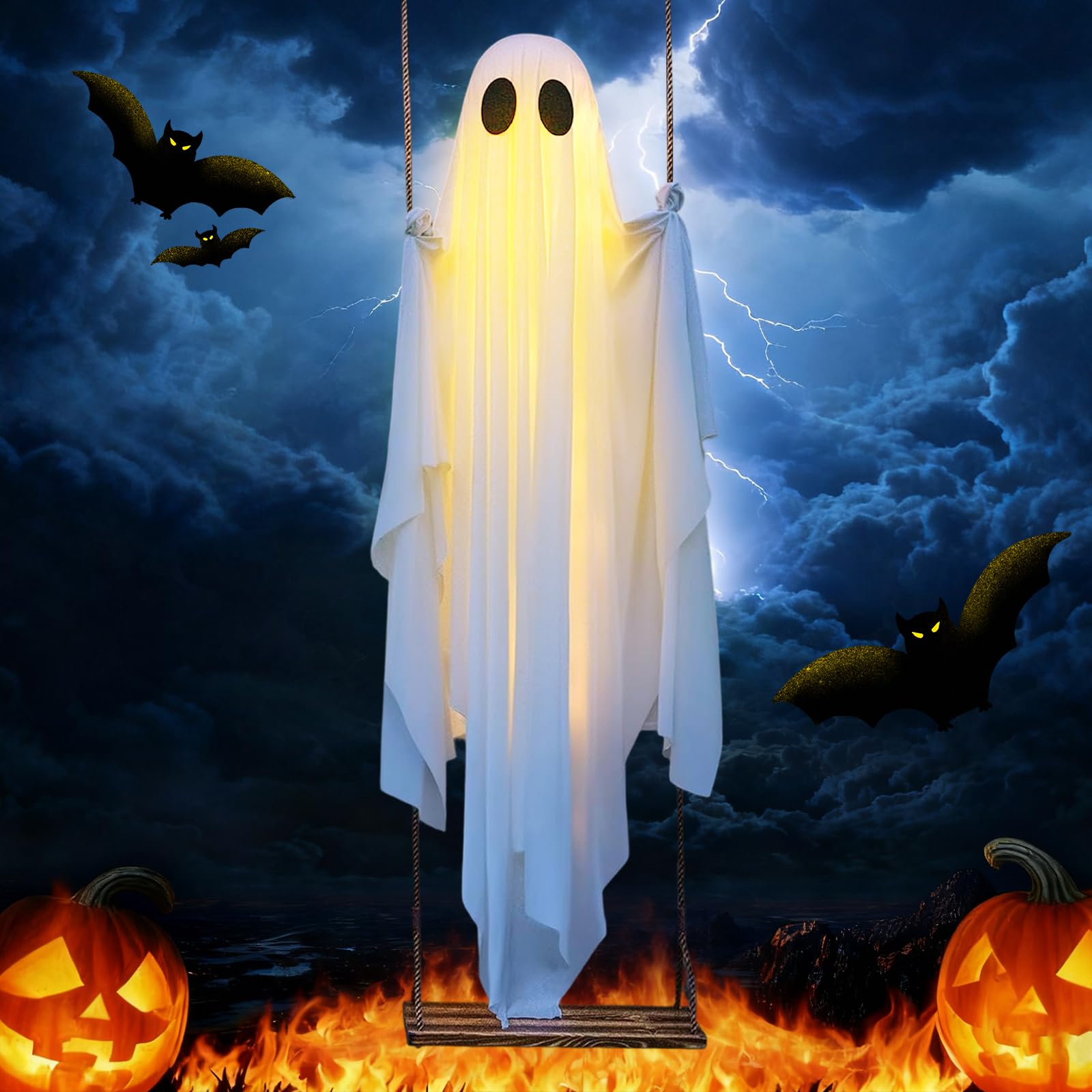 Decorazioni da appendere a forma di fantasma oscillante per Halloween, kit di decorazioni per albero spettrale con luci a corda, decorazione spaventosa per feste per esterni, giardino, cortile, prato