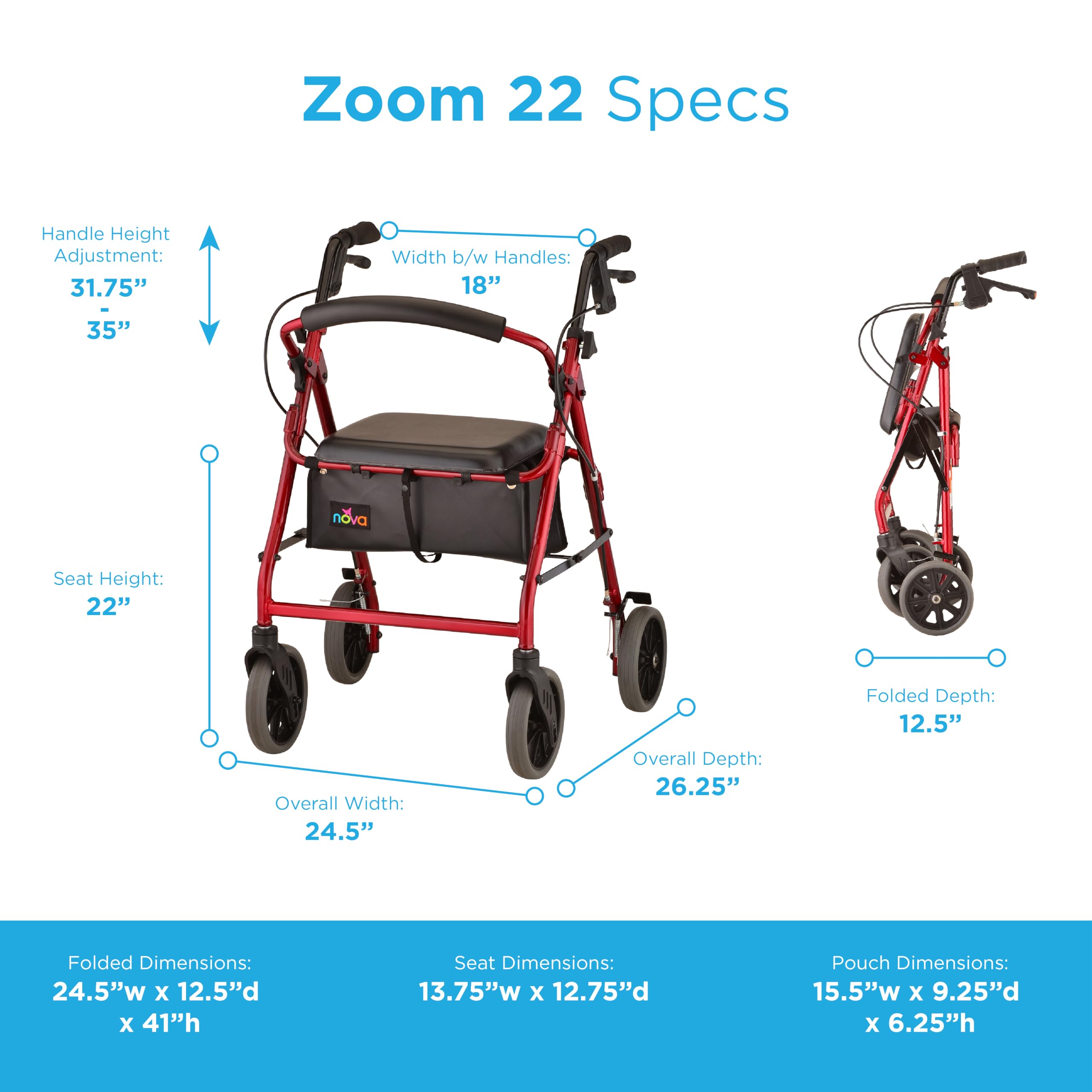 Amazon.com: NOVA Zoom 22 Rollator Walker for Seniors, Rolling