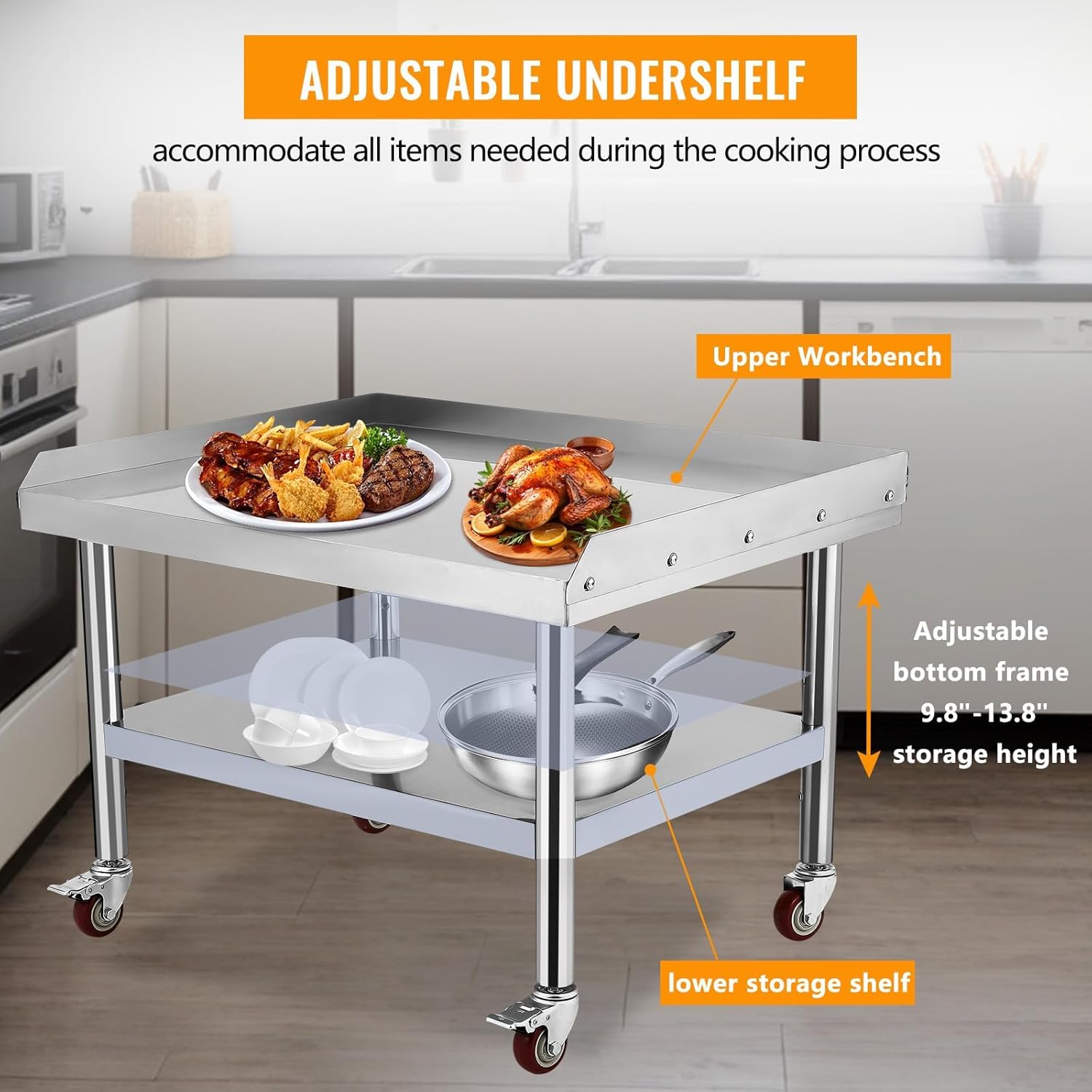 Stainless Steel 36x30x24 Inch Equipment Grill Stand Table with wheels, 660 Lbs Top & Bottom Shelf, Adjustable Legs, 2" Edge Baffle, for Hotel, Home, Commercial Restaurant Kitchen