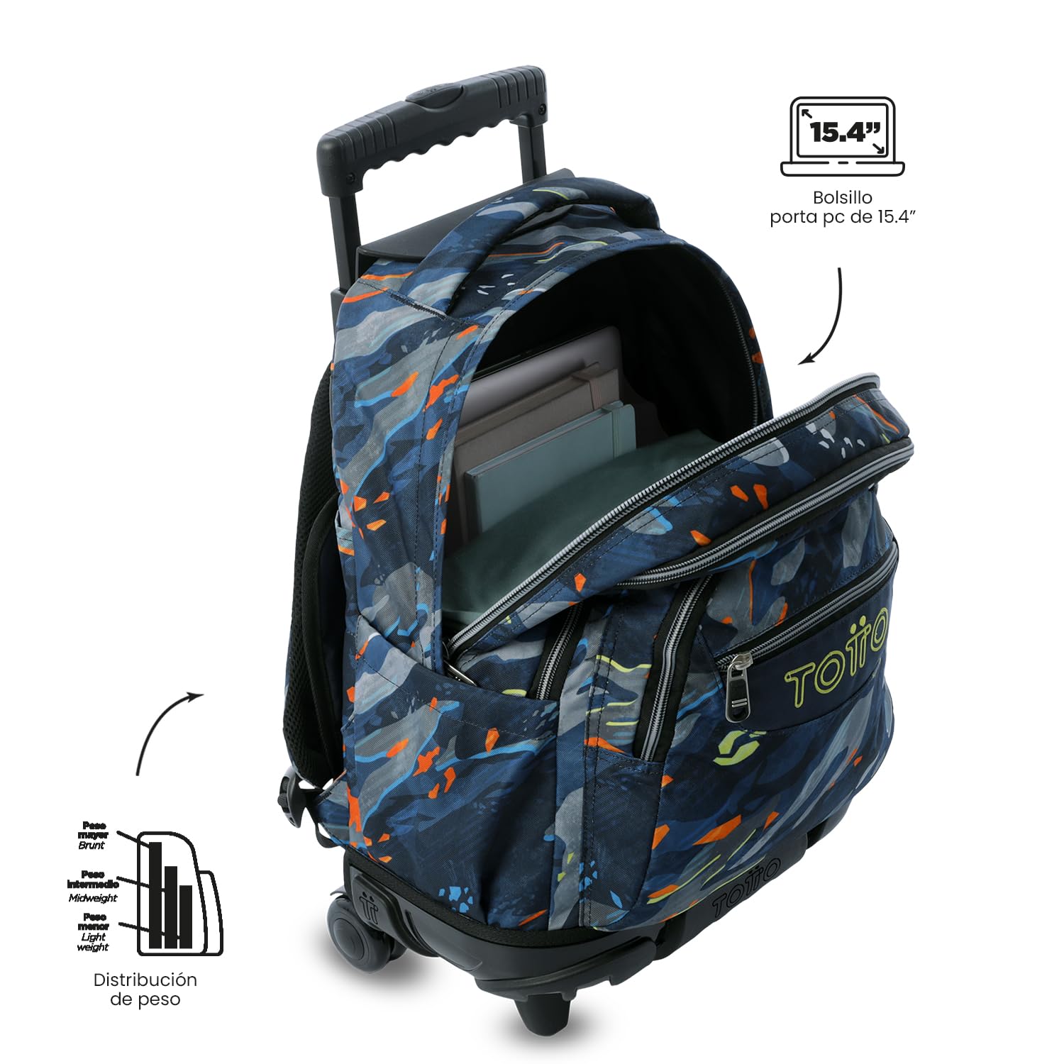 TOTTO - Mochila Escolar con Ruedas, Modelo Renglones, Capacidad 26,21 Litros, Bolsillo para PC 14", Bolsillo Botella, Correas en S para Mayor Comodidad, Resistente, Estampado Groove Azul