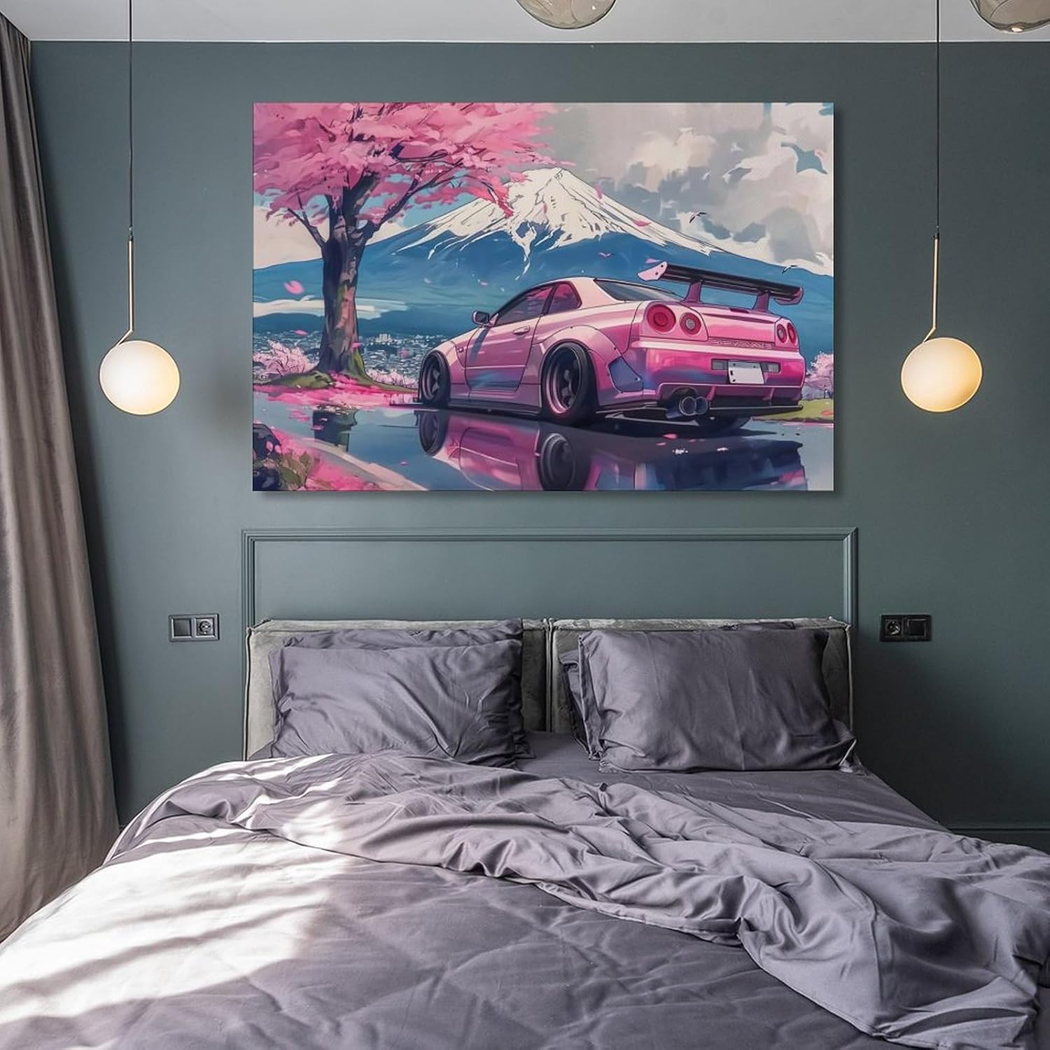 FeoYoed Canvas Wall Art Posters - Pink JDM Car R35 & Mount Fuji Cherry Blossoms Reflection - Modern Aesthetic Decor for Bedroom, Living Room, Office - 12x18 Inches (30x45 cm) - Image 8