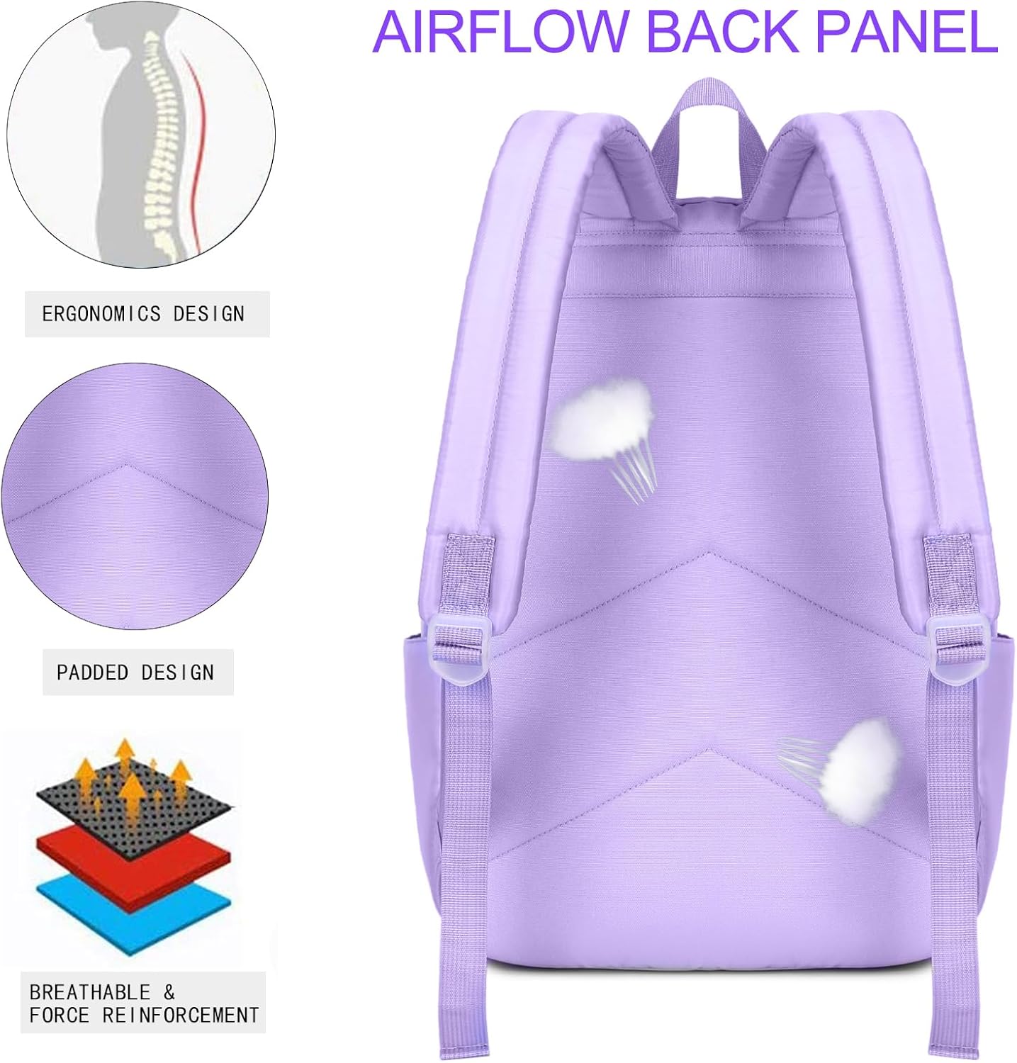 Kids Backpack for Girls School Backpacks College Bookbag Water Resistant Laptop Backpack with Lunch Bag and Pencil Bag, Purple - Image 4