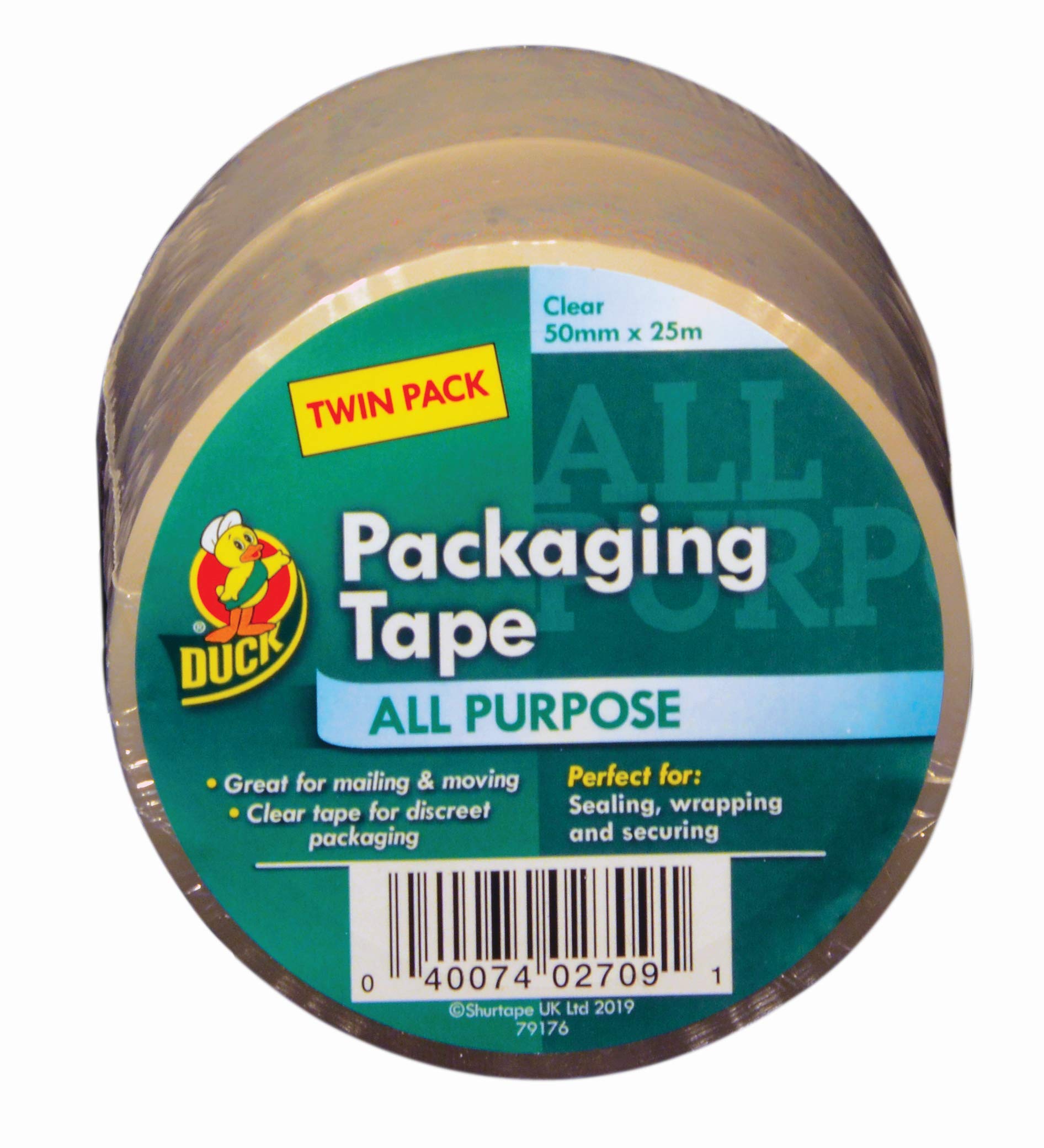 Duck Tape All Purpose Twin Pack Clear Packaging Tape 50mm x 25m for parcels boxes packages strong secure sticky seal