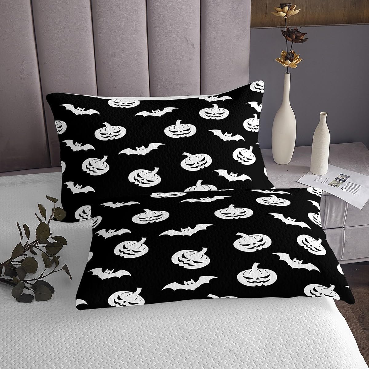 Erosebridal Pumpkin Lantern King Bedspread Set,Neon Lights Bats Spider Mushroom Bed Set,Glowing Ombre Gradient Green Purple Orange Moon Stars Bedding Set,Halloween Decor Coverlet Set