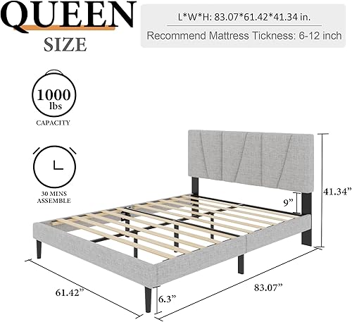 Miniatura 2 de Base de cama plataforma tamaño Queen con cabecero tapizado, soporte de listones de madera, sin ruido, no necesita somier, fácil montaje, gris claro,