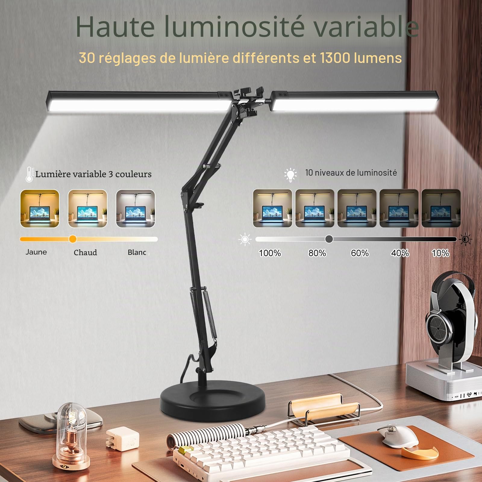 NOEVSBIG Lampe de bureau LED, 2 en 1 avec protection des yeux et lampe à clip, 3 modes de couleur et intensité variable en continu, lampe de lecture réglable avec fonction mémoire