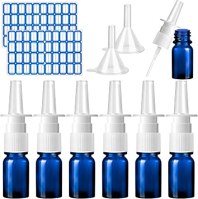 ZHWKMYP Nasal Spray Bottle Glass Empty Refillable, 5ML/0.17OZ &mdash; 10 pcs, includes 6 blue 5&nbsp;ml nasal spray bottles, 2 labels and 2 funnels | Fine Mist Sprayers