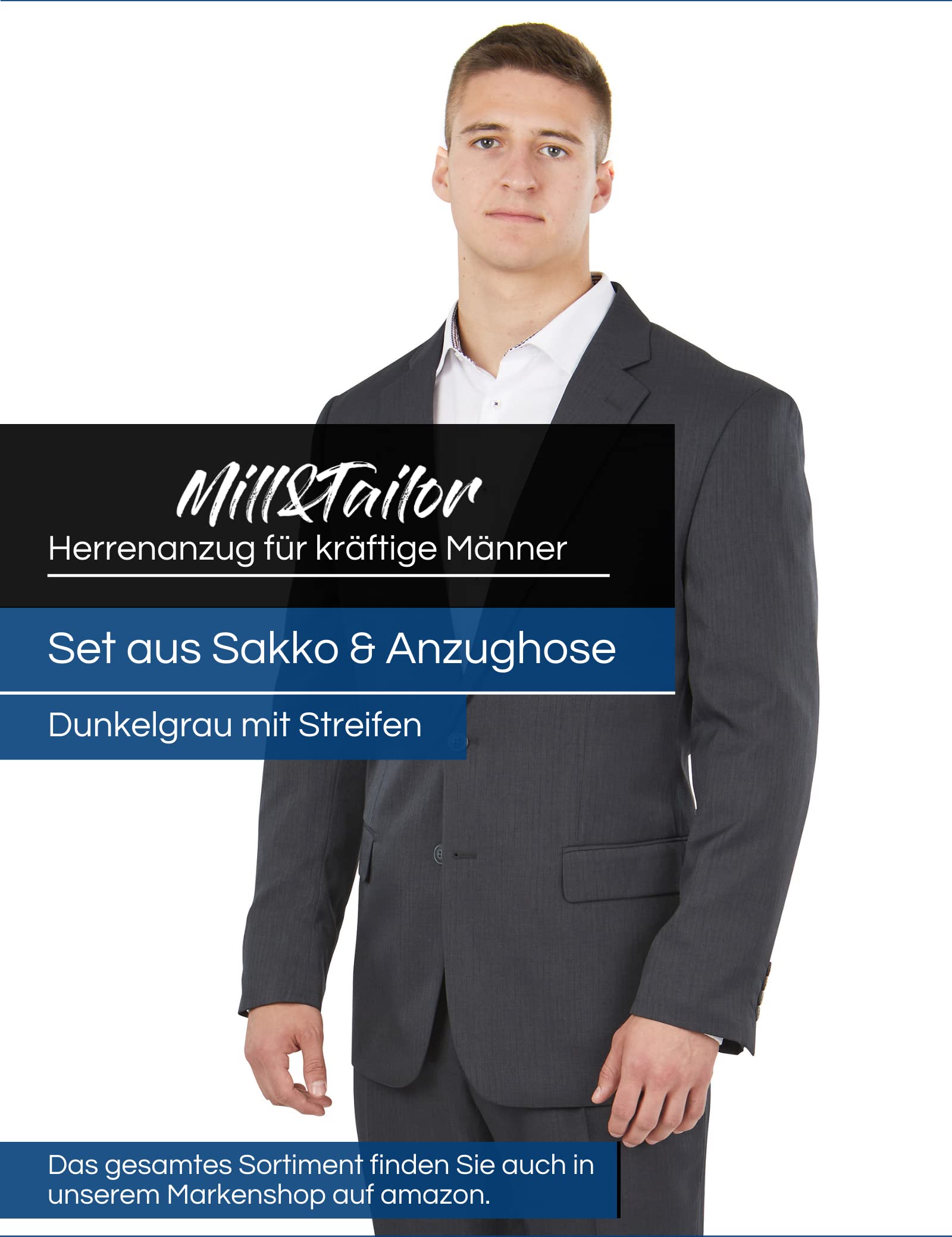 Mill&Tailor Herren Anzug in Dunkelgrau mit Streifen I Modern & sportlich I Sakko & Anzughose I 2-teiliger Anzug für Männer I Übergrößen gerechte Passform I Jackett & Hose für Herren