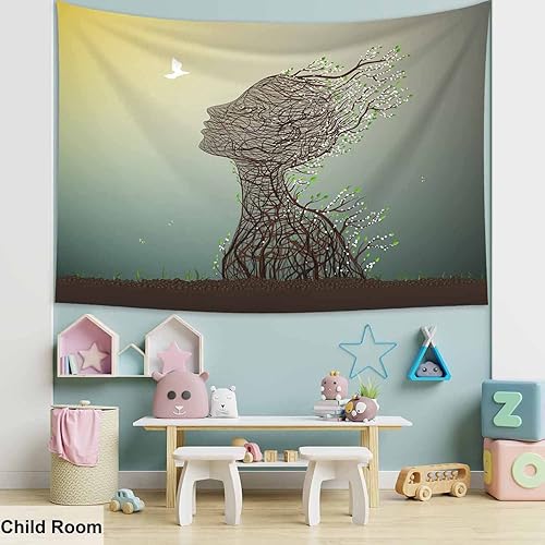 Miniatura 5 de Pznen Tapiz abstracto de retrato de mujer de 80 x 60 pulgadas, silueta de mujer, paloma, primavera, flores blancas, paloma, vibrante brote de árbol,