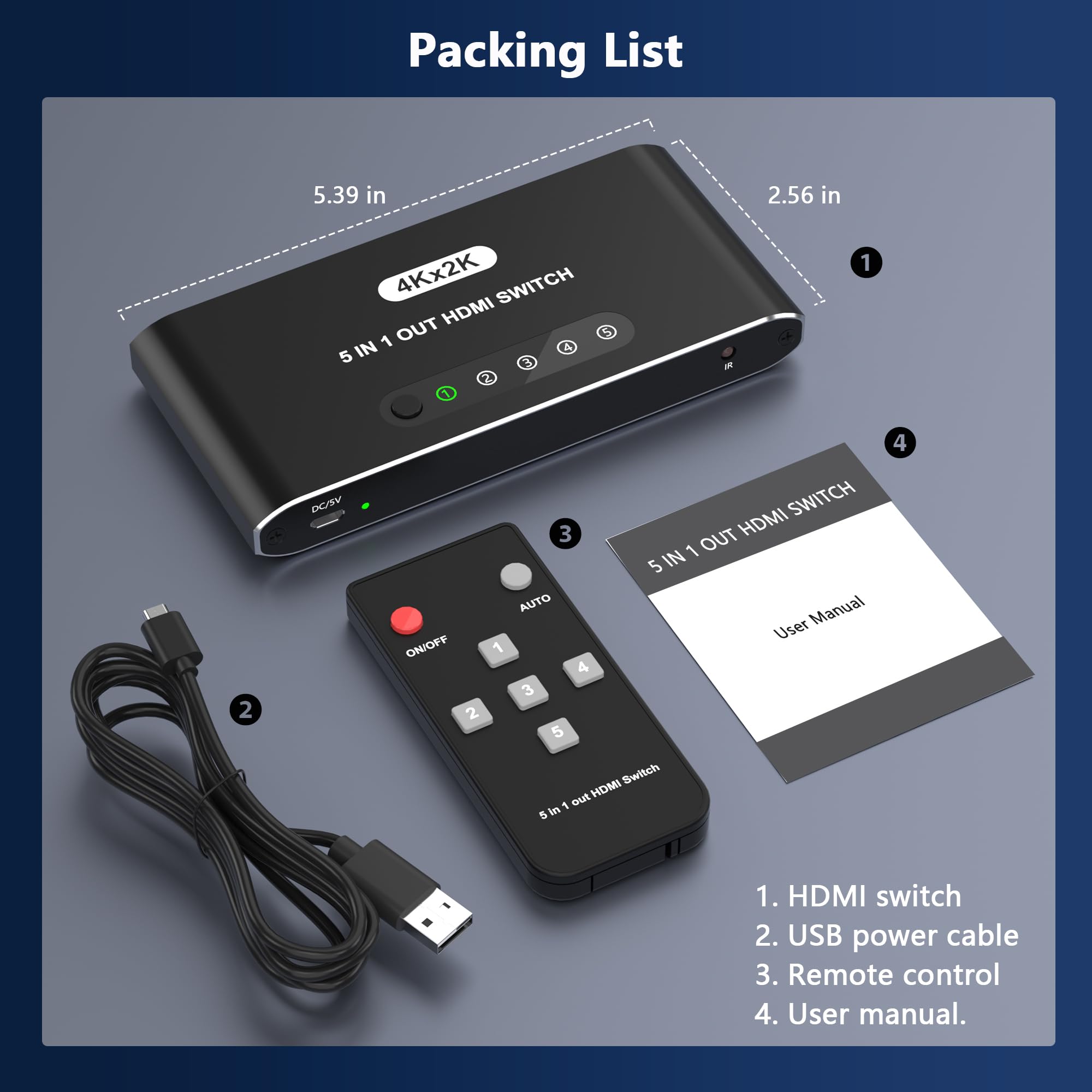 Switch HDMI 5 in 1 con telecomando 4K, 5 porte, selettore HDMI splitter box con indicatori LED, hub di commutazione di gioco con alimentazione USB per PS5 Xbox Fire Stick Roku TV Monitor