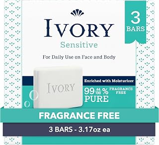 Ivory Sensitive Fragrance-Free Bar Soap, 99.44% Pure Plant-Based Cleanser for Whole Family, All Skin Types, 3.17oz (3 Pack)