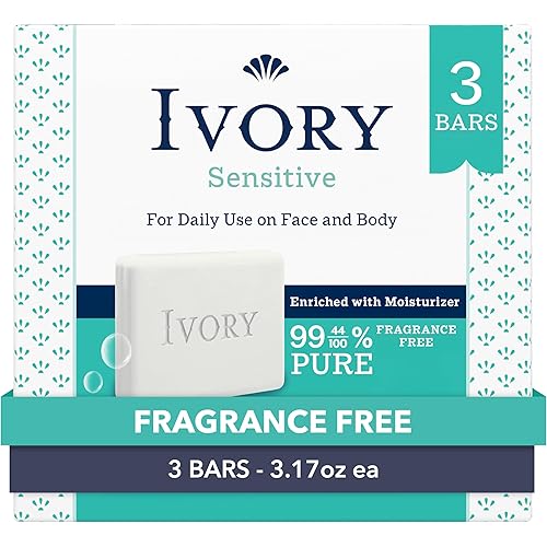 Ivory Sensitive Bar Soap, Designed for Whole Family, Fragrance Free, 99.44% Pure Formula, Plant-Based Cleanser, Made Without Heavy Perfume, Parabens & Phthalates, For All Skin Types, 3.17 oz (3 Count)