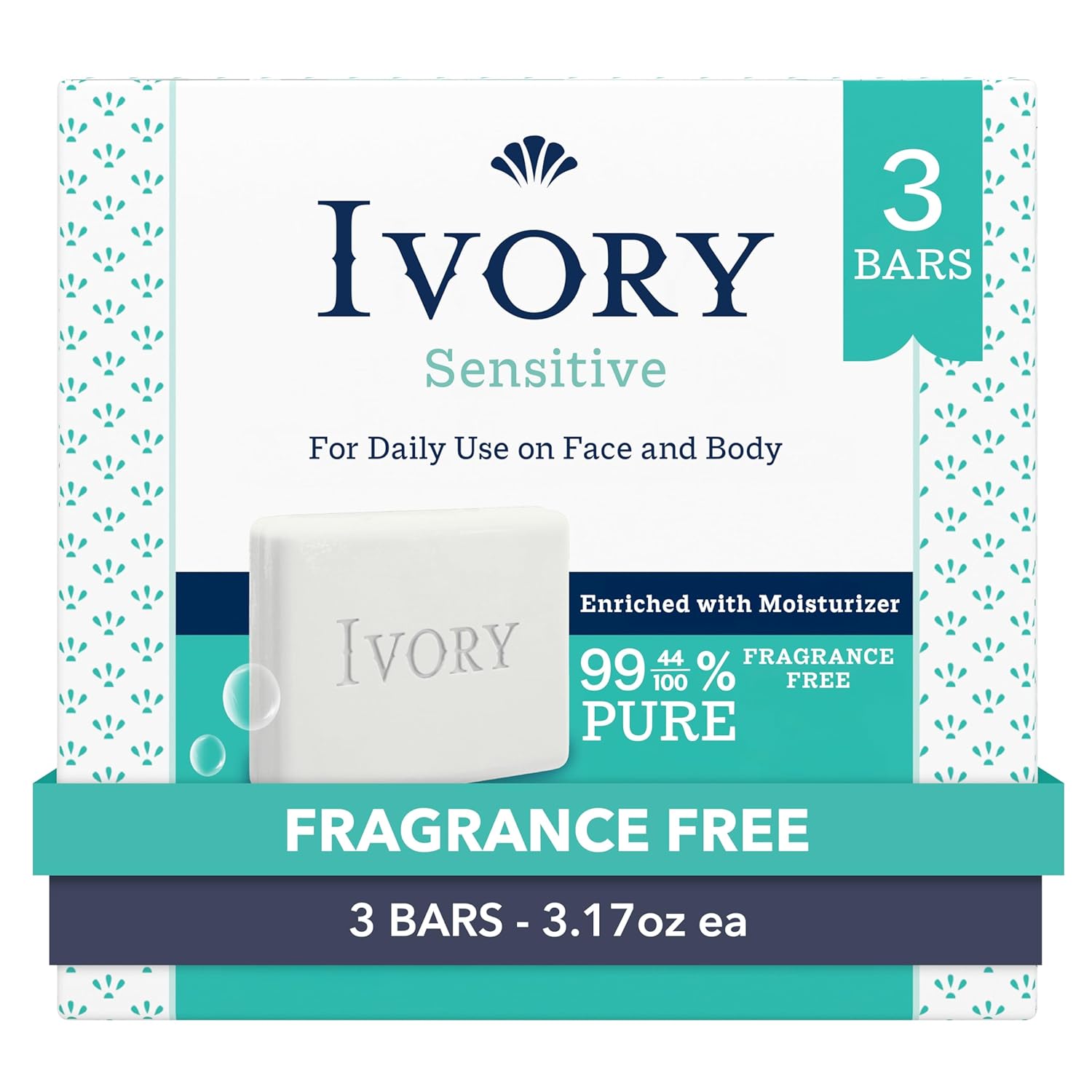 Ivory Sensitive Fragrance-Free Bar Soap, 99.44% Pure Plant-Based Cleanser for Whole Family, All Skin Types, 3.17oz (3 Pack)