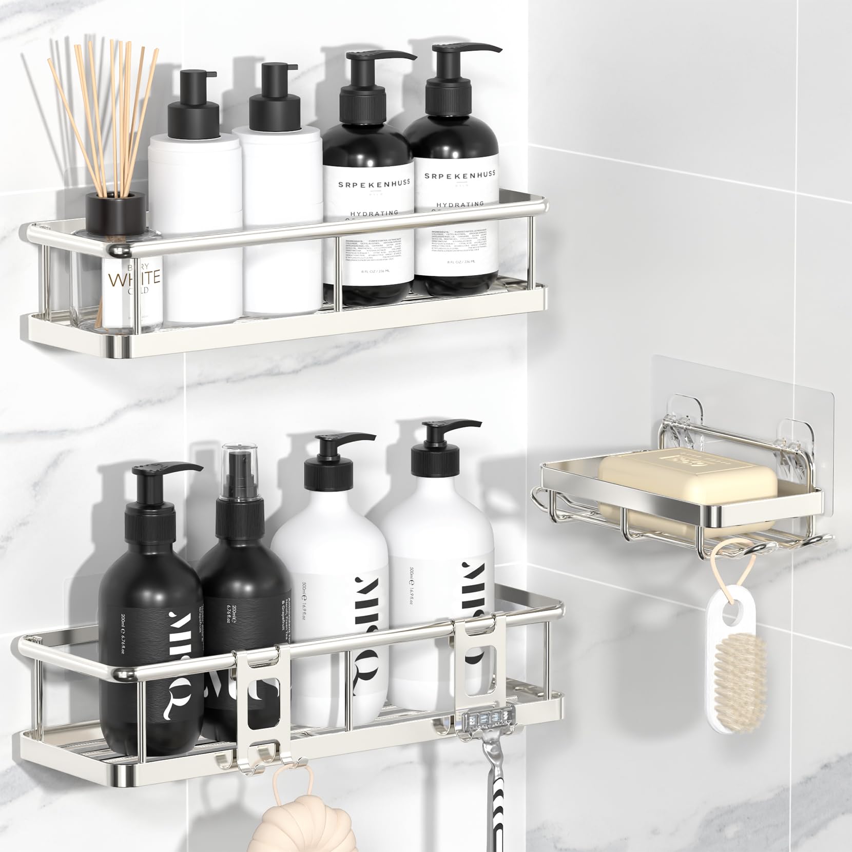 YASONIC Estante de ducha sin taladrar, 3 unidades, estante de ducha inoxidable sin taladrar, estante de baño de gran capacidad, estante de baño, soporte para champú, soporte para ducha, cocina,
