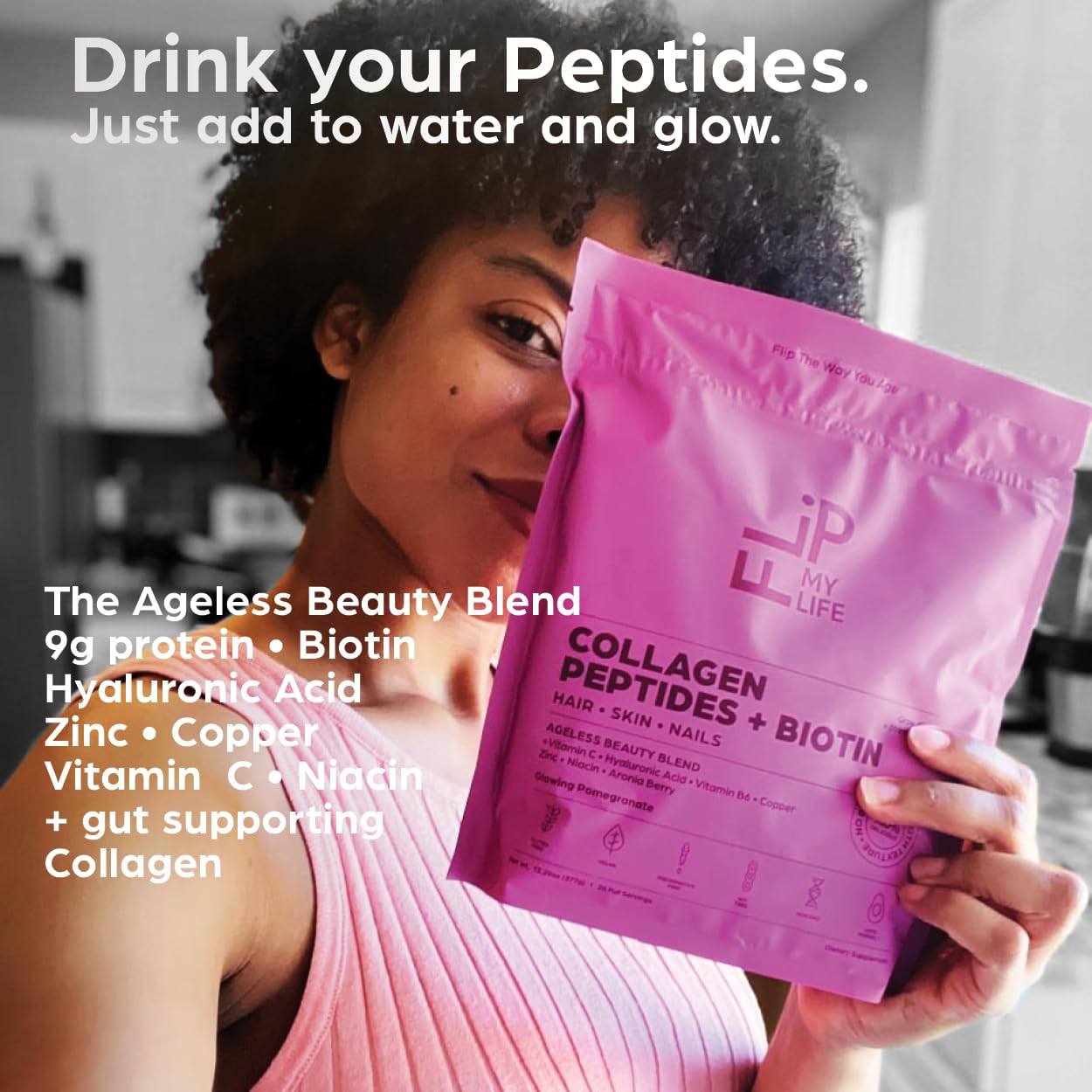 Flip My Life Collagen Peptides + Biotin, Hyaluronic Acid & Vitamin C - For Hair, Skin, Nails - Gut Health/Joint Support - Ageless Beauty Blend Supplement Powder for Men/Women - 9g Protein—26 Servings