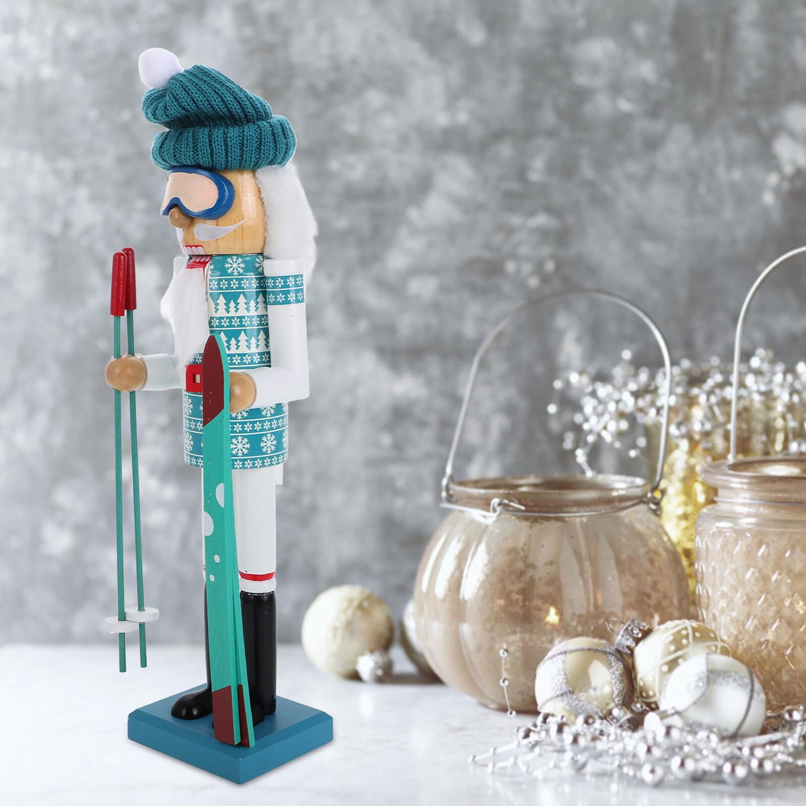 NUOBESTY Traditionelle Holzpuppe Weihnachtsmann Skifahrer 38cm und Stoff Stabile Weihnachtsdekoration für Wohnzimmer und Garten