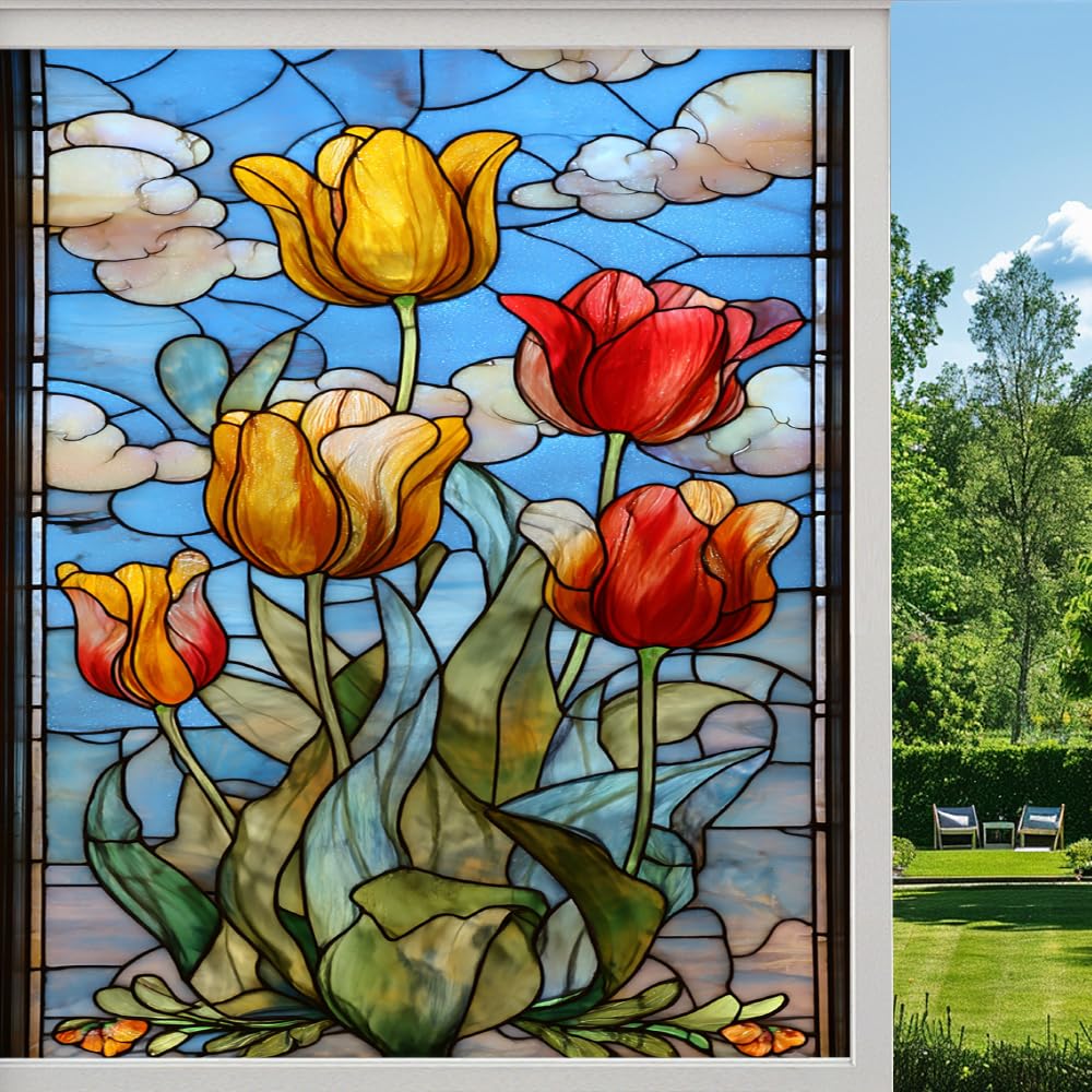 Pmlbaous Natural Tulips Privacy Window Film, Colorful Plant Flower Frosted Self-Adhesive Vinyl Cling For Glass Doors Bathroom Windows Sun Blocking Heat Control, （70X120cm）