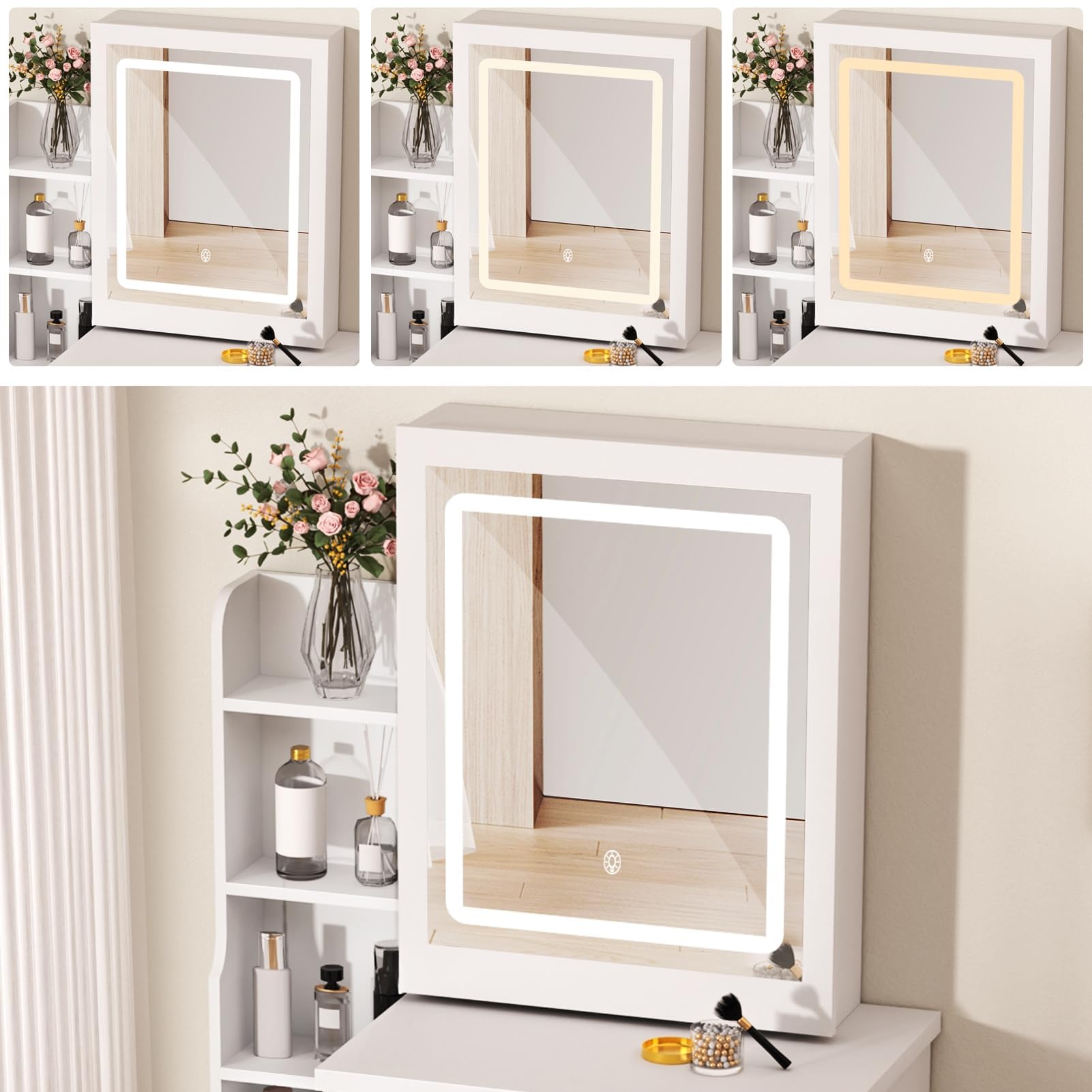 Escritorio de tocador con espejo deslizante y luces, tocador de dormitorio, mesa de maquillaje con cajones y estantes, espacio de almacenamiento oculto, blanco