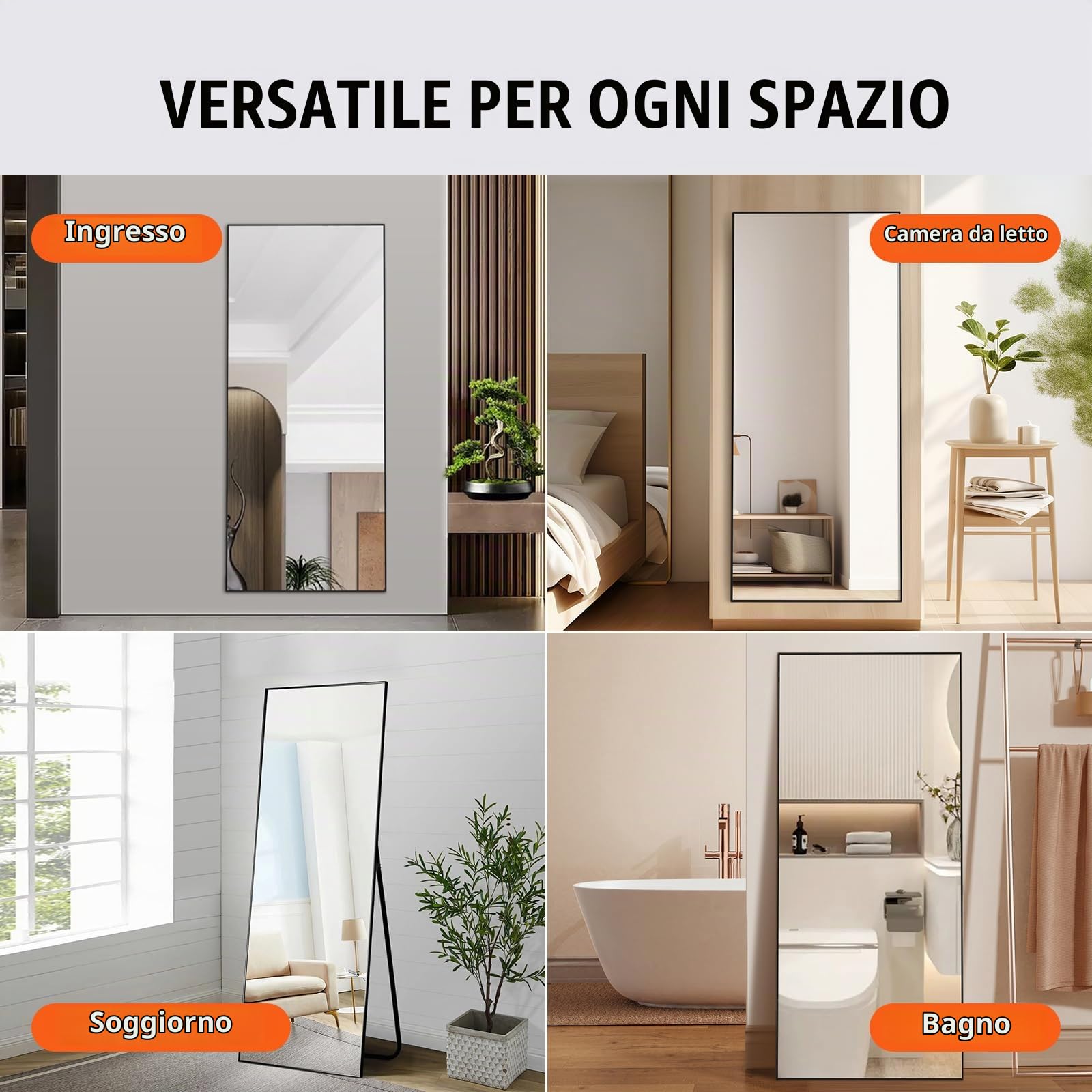 VEVOR Specchio a Figura Intera 1800 x 785 mm Extra Grande da Terra, Rettangolare, da Appendere o Appoggiare, Telaio in Lega di Alluminio, da Toeletta per Camera da Letto, Nero