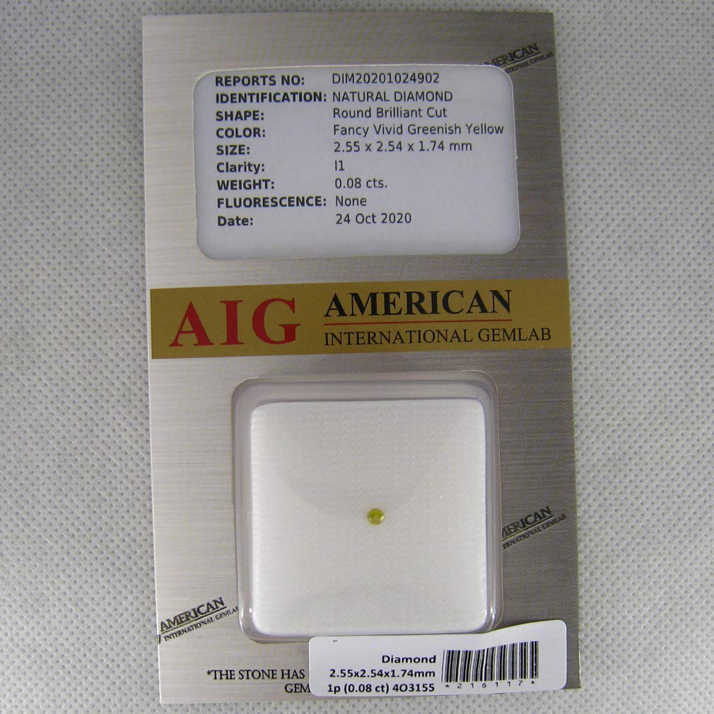 0,08 quilates AIG certificado forma redonda (3 x 3 mm) diamante amarillo vivo de fantasía natural suelto, Diamante natural, Diamante amarillo vivo de fantasía
