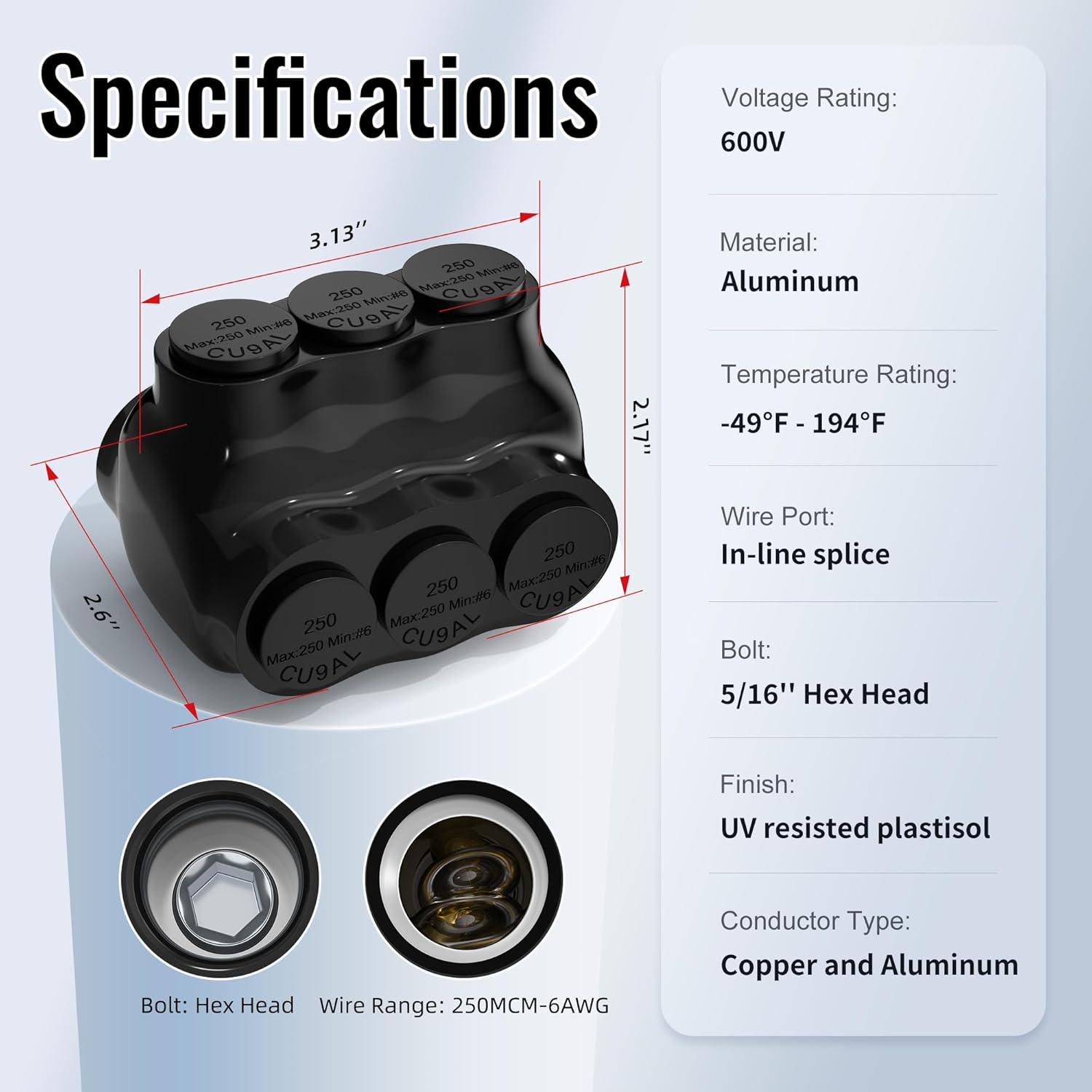 RVBOATPAT 3 Port Insulated Multi Tap Connector Dual Entry 250MCM-6AWG Splice Electrical Power Connector 5/16" Allen Hex Aluminum Wire Connector- 6 Pack