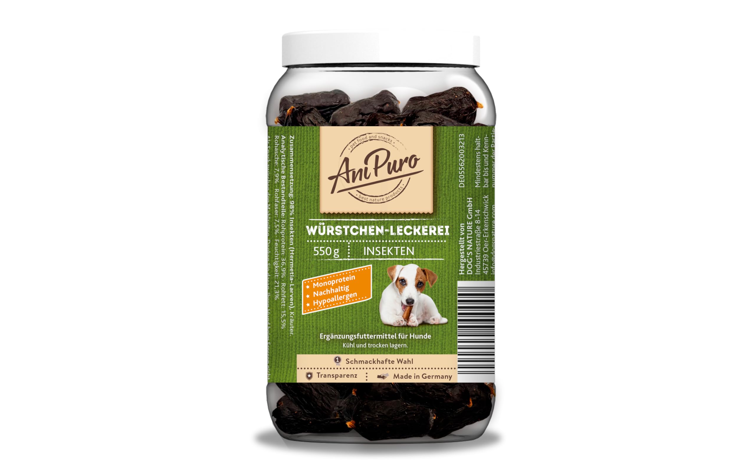AniPuro - Vaso para Aperitivos (550 g), diseño de Insectos de Salchicha, fórmula sin Cereales, monoproteína Animal, hipoalergénico, para Perros Grandes y pequeños