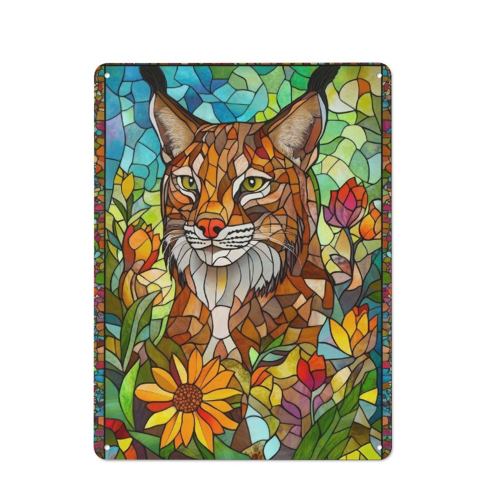 Junmoney Stained Glass Lynx Retro Metal Wall Decor 40X30cm, Decorative Tin Plaque For Pub, Home Bar, Shed Or Man Cave