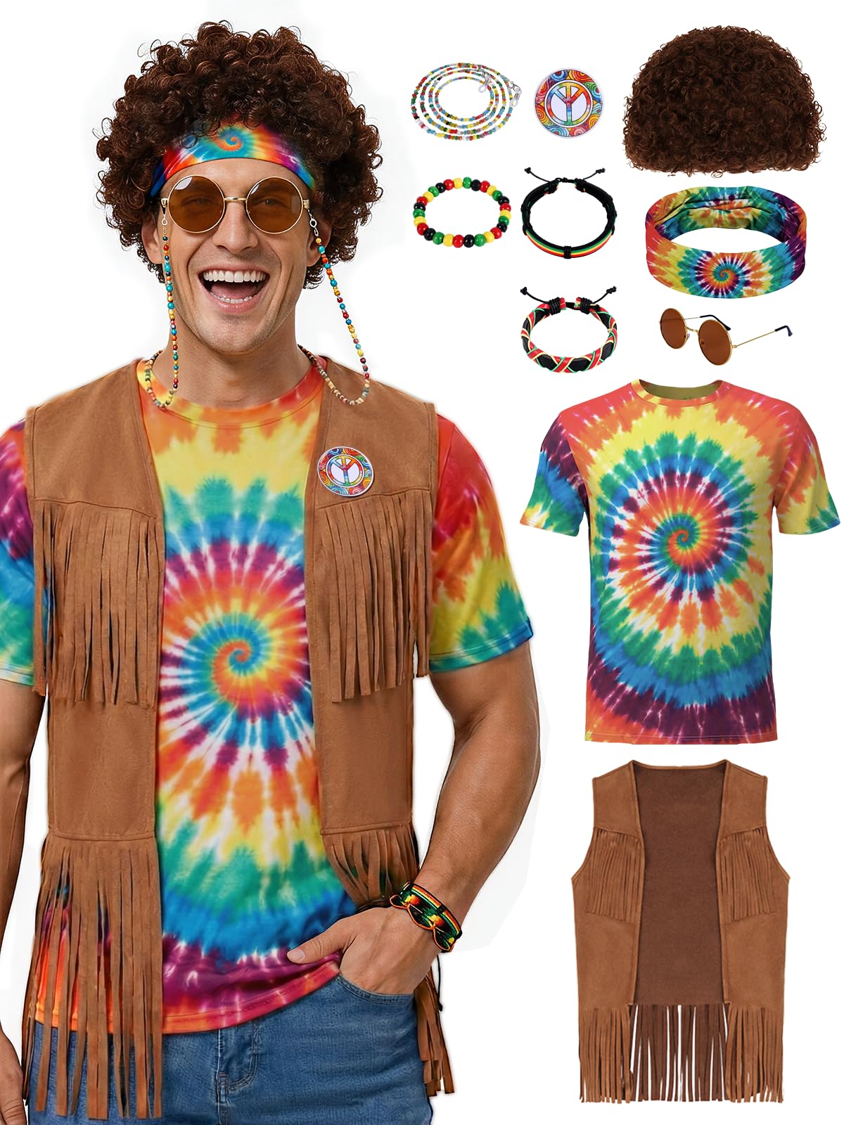 70s Outfits for Men - 10 Pcs Hippie Costume