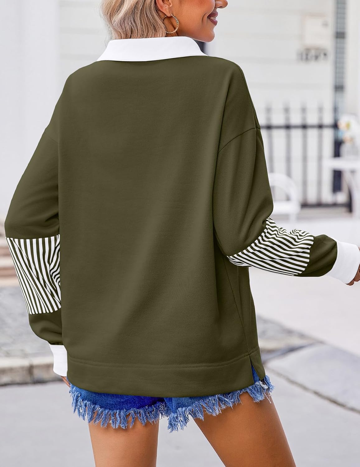 Zeagoo Womens Sweatshirt Henley V Neck Button Down Shirts Color Block Blouses Pullover 2025 Fall Business Casual Outfits - Image 4